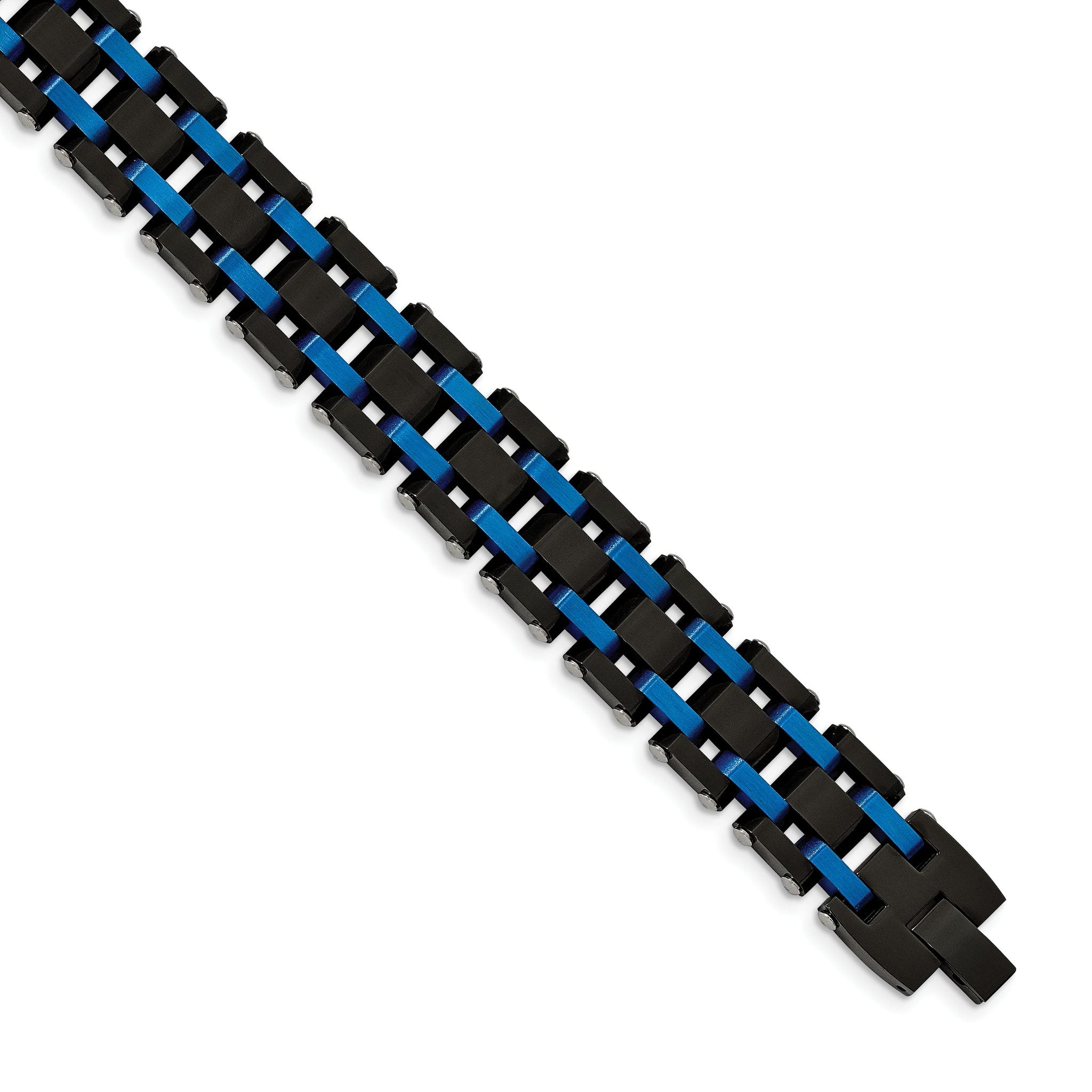 Stainless Steel Brushed and Polished Black and Blue IP-plated Link Bracelet for Men