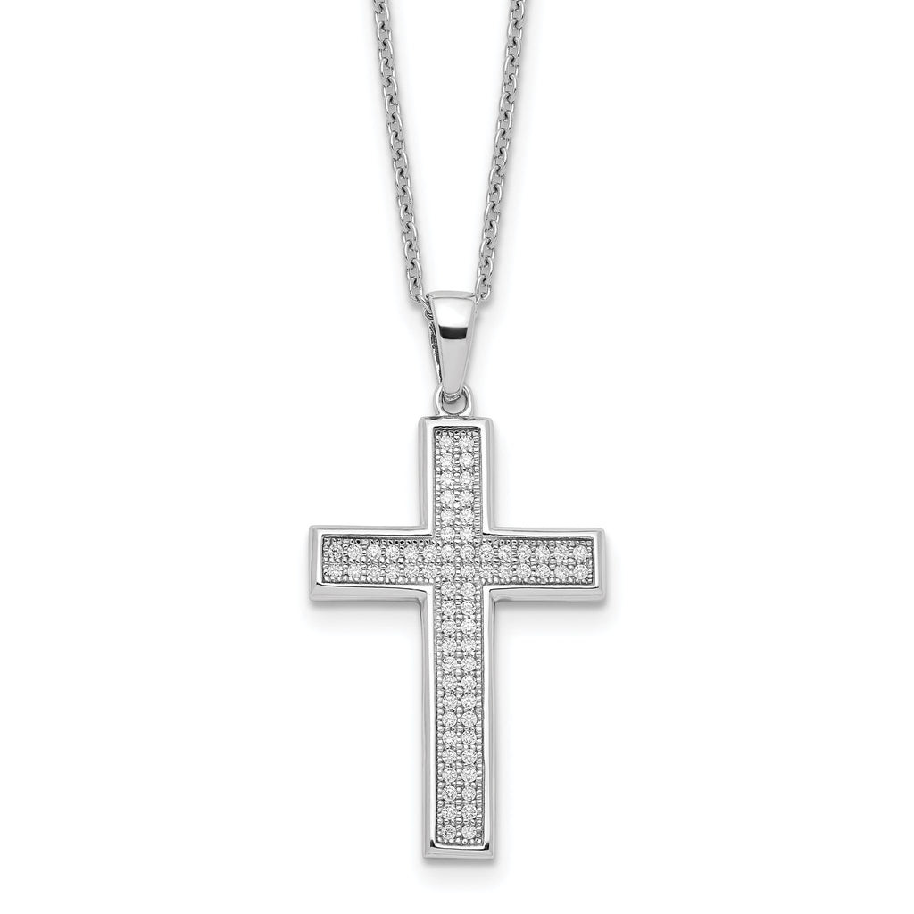 Brilliant Embers Sterling Silver Rhodium-plated 68 Stone 18 inch Micro PavÃƒÆ’Ã†â€™Ãƒâ€šÃ‚Â¢ÃƒÆ’Ã‚Â¢Ãƒâ€šÃ¢â‚¬Å¡Ãƒâ€šÃ‚Â¬ÃƒÆ’Ã¢â‚¬Â¦Ãƒâ€šÃ‚Â¡ CZ Polished Cross Necklace with 2 Inch Extender