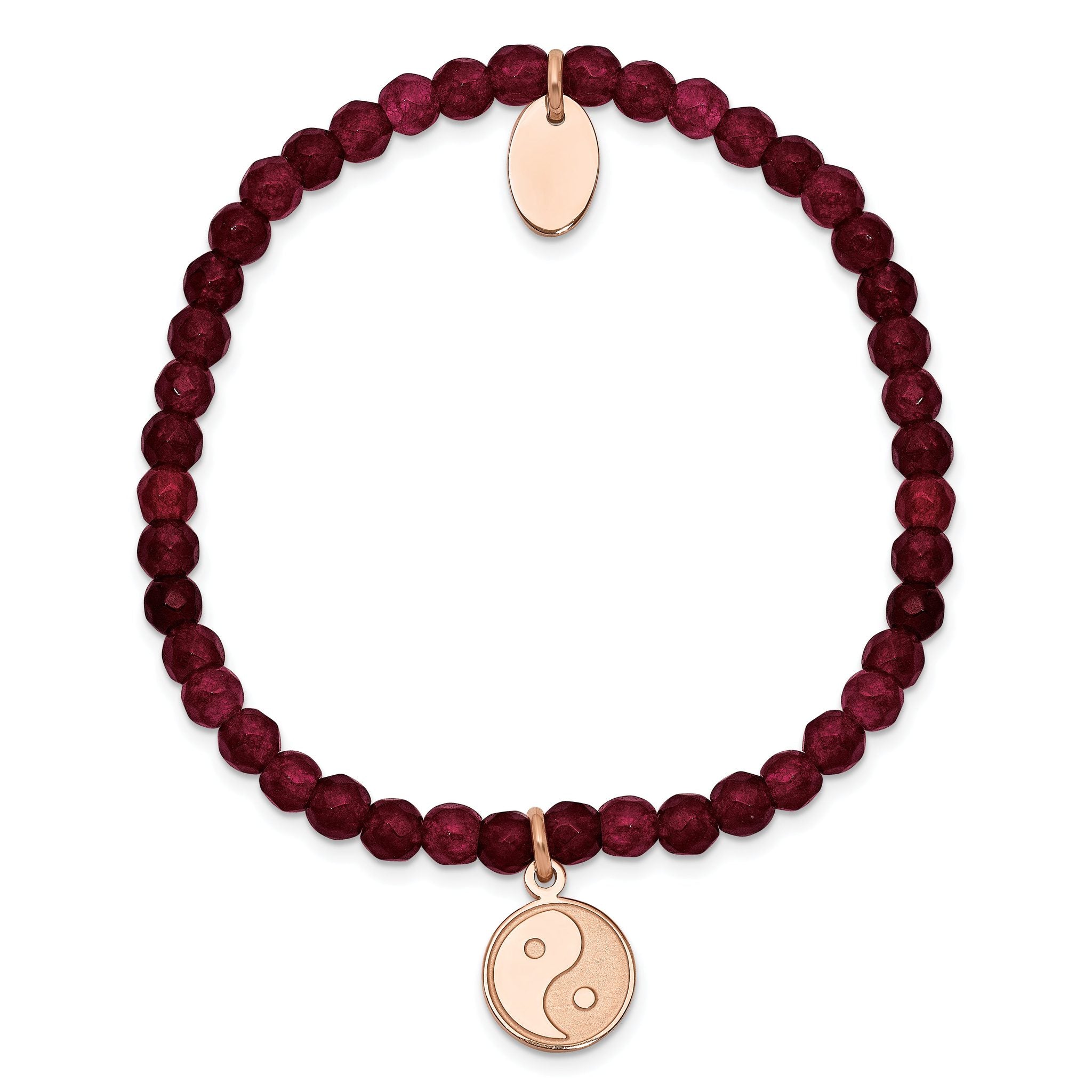 Stainless Steel Polished and Satin Rose IP-plated YingYang 4mm Red Jade Beaded Stretch Bracelet for Women Secondary image