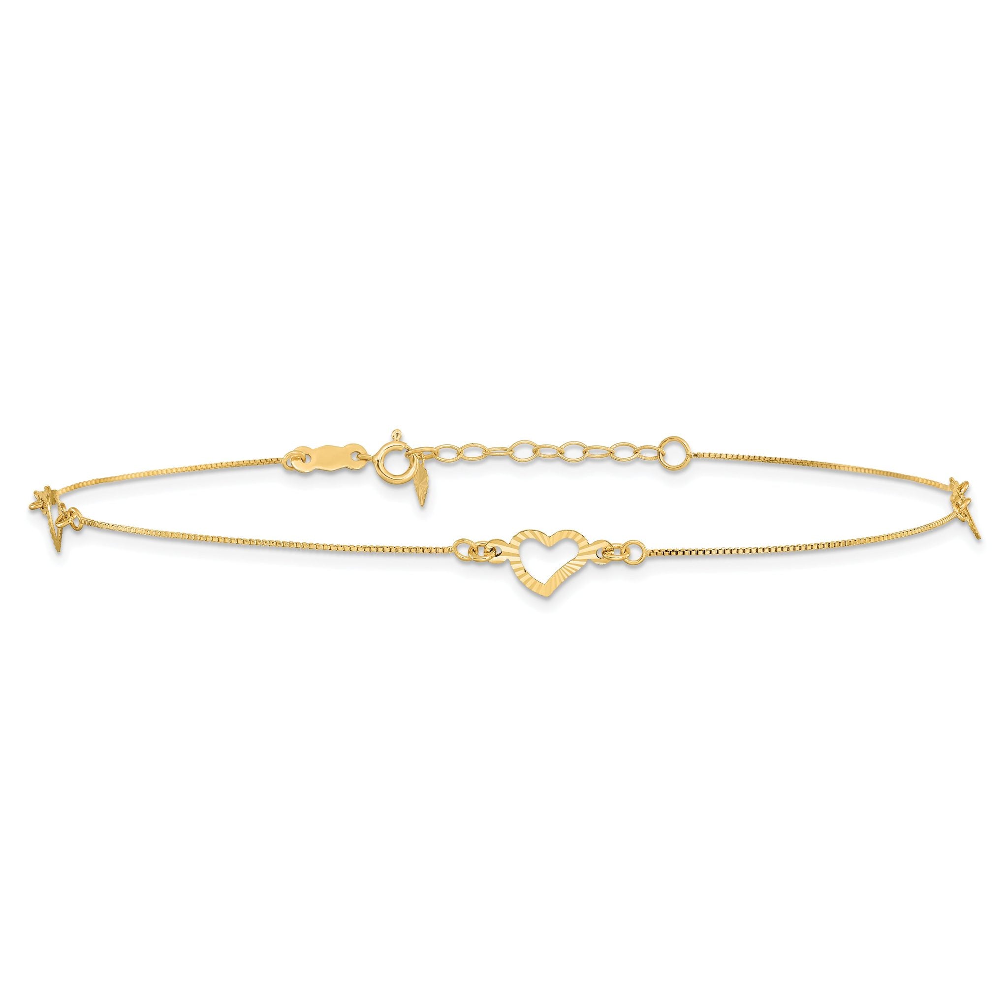 14k Diamond-cut Heart 9in Plus 1in ext Anklet