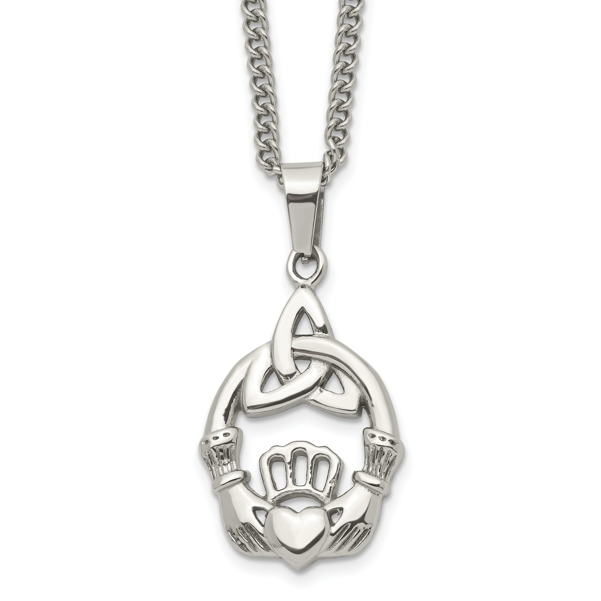 Chisel Stainless Steel Polished Trinity Knot and Claddagh Pendant on an 18 inch Curb Chain Necklace Main image