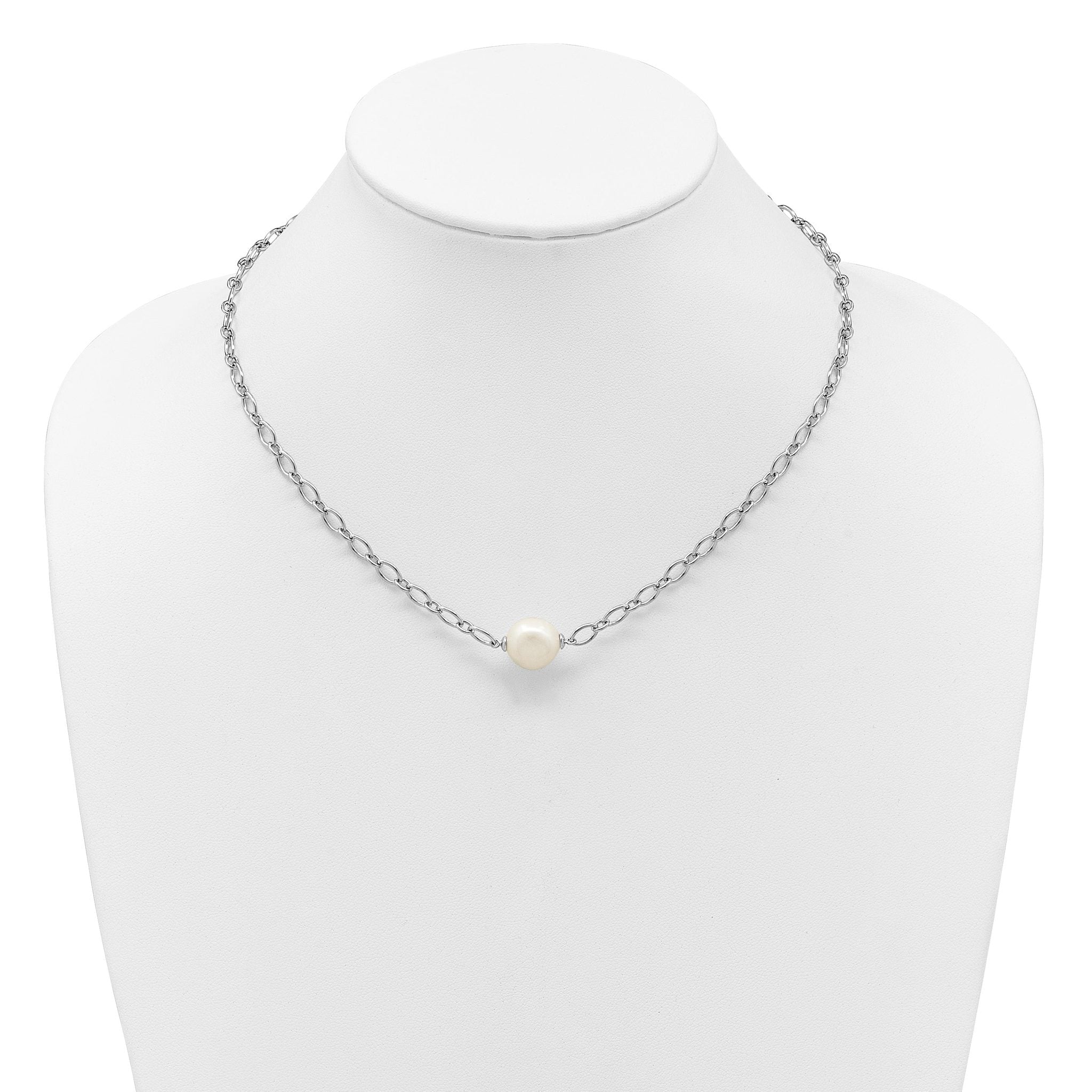 Sterling Silver Rhodium-plated 12-13mm Semi-Round White Freshwater Cultured Pearl Center and Open Link Cable Chain 18 inch Necklace