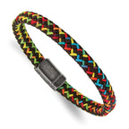 Stainless Steel Antiqued Braided Brown Leather and Multi-color Nylon Bracelet