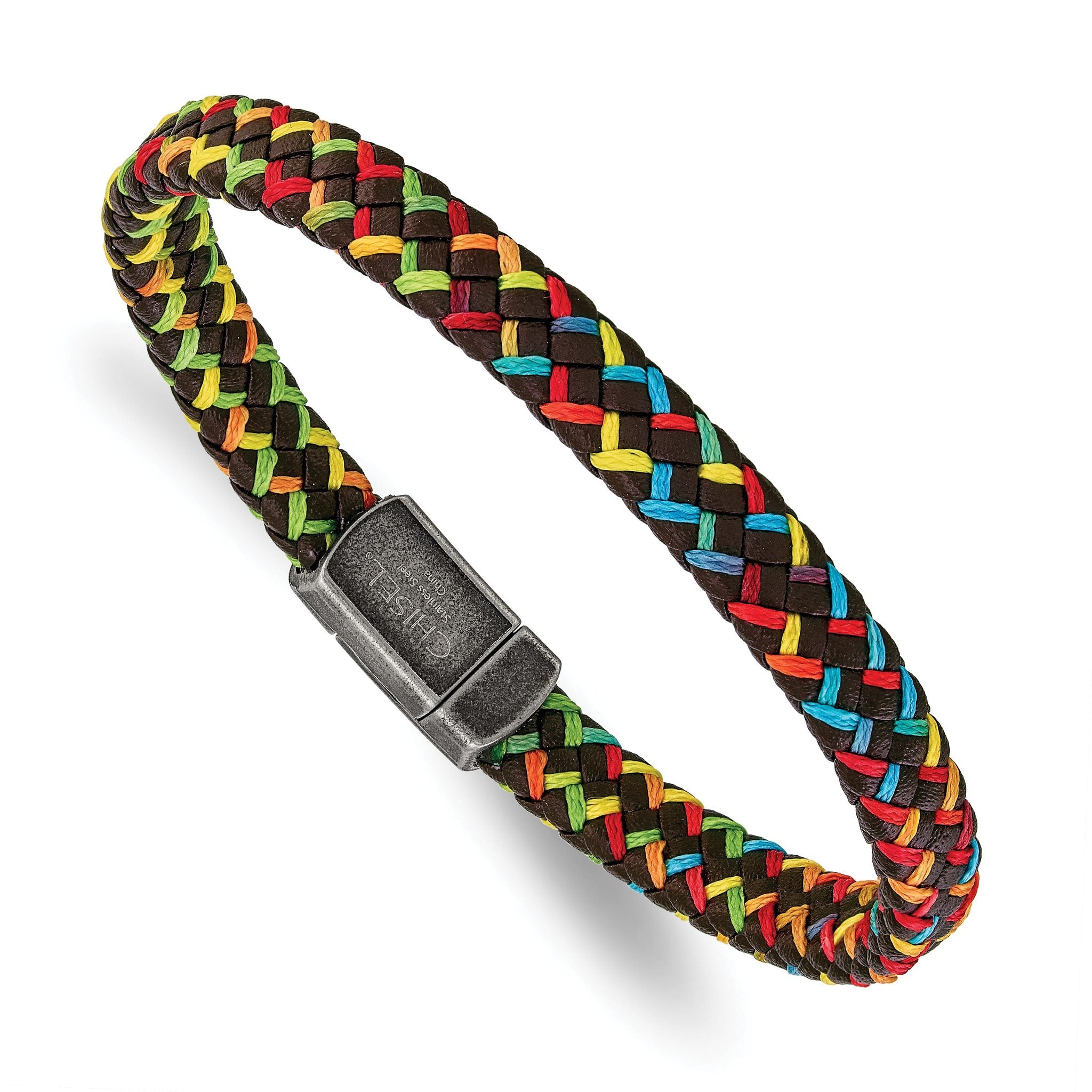 Stainless Steel Antiqued Braided Brown Leather and Multi-color Nylon Bracelet