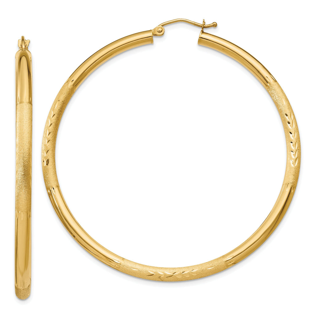 14k Satin and Diamond-cut 3mm Round Hoop Earrings