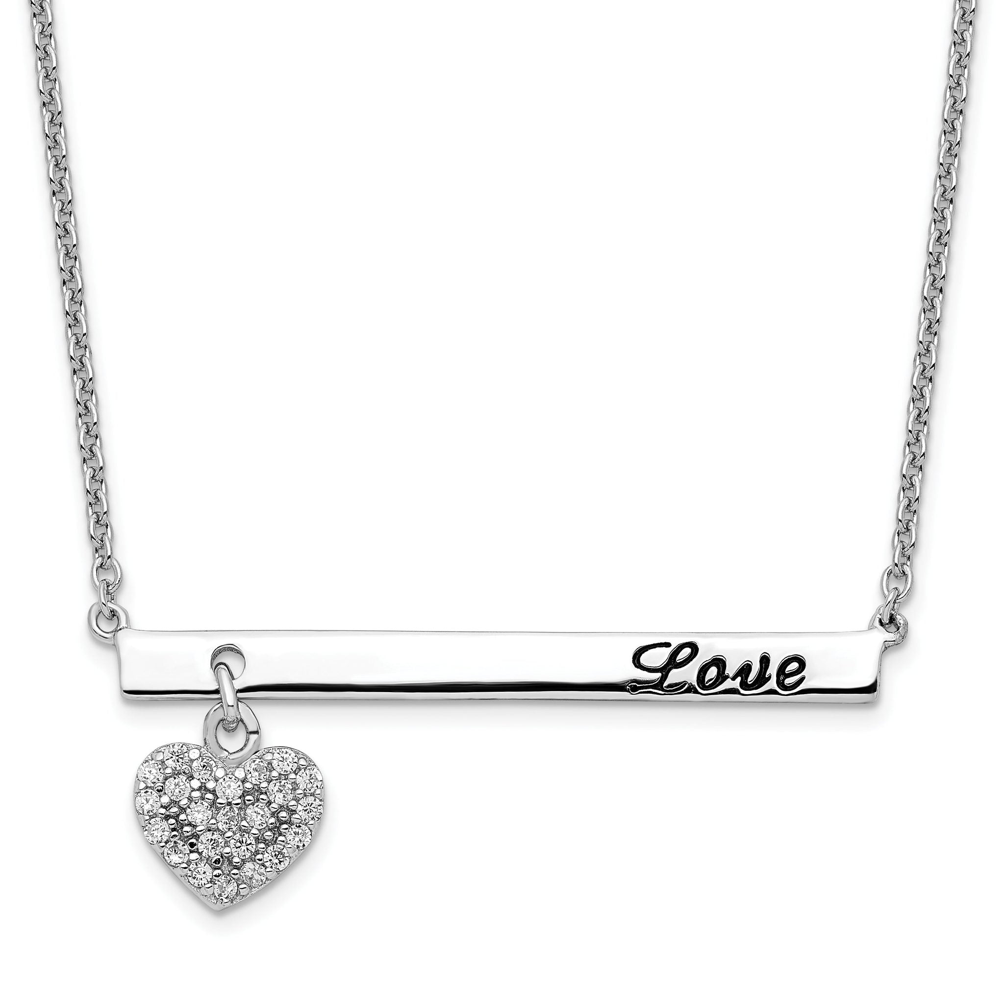 Sterling Silver Rhodium Plated Antiqued LOVE Bar with CZ Heart Dangle 16 inch Necklace Main image