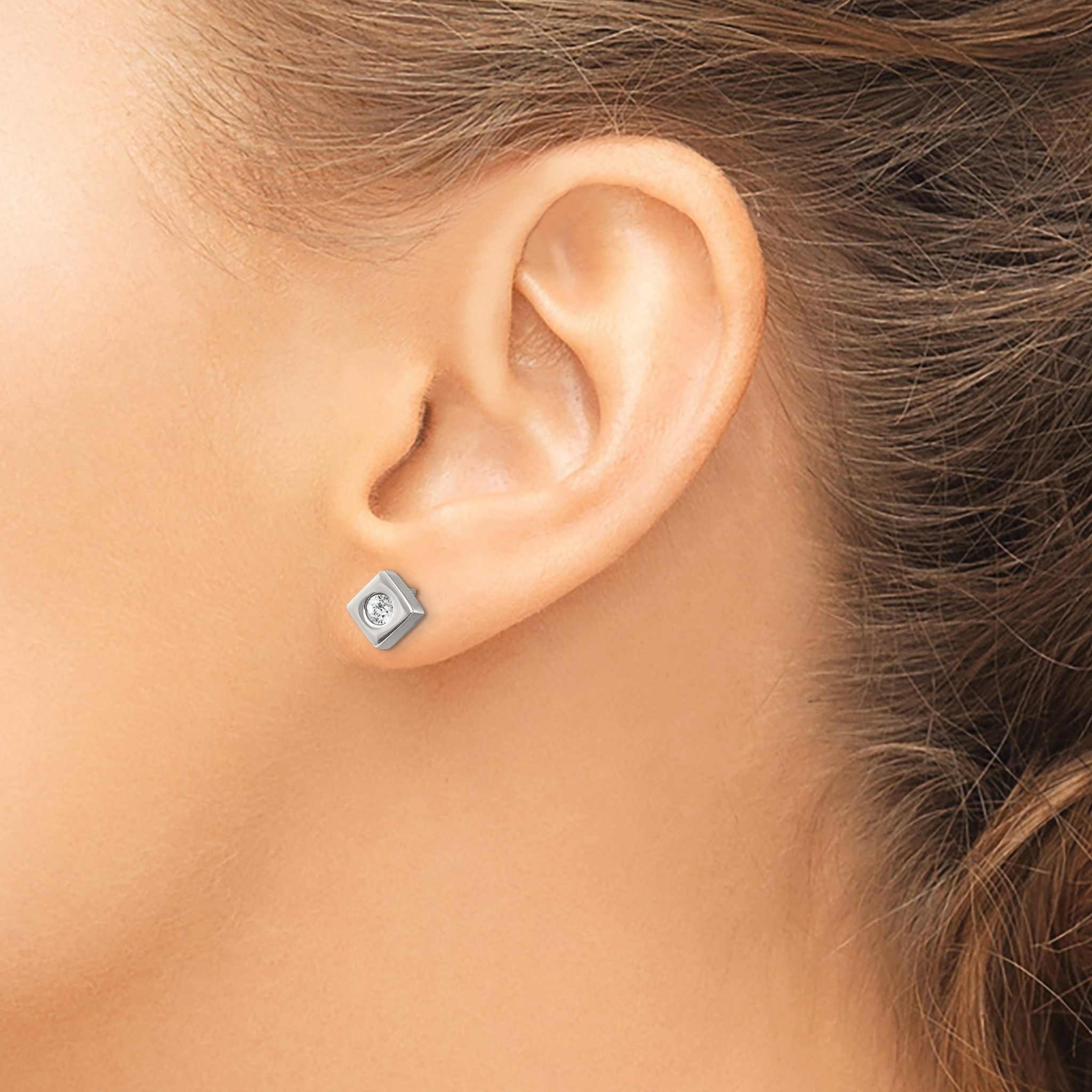 Stainless Steel Brushed Cubic Zirconia Button Earrings