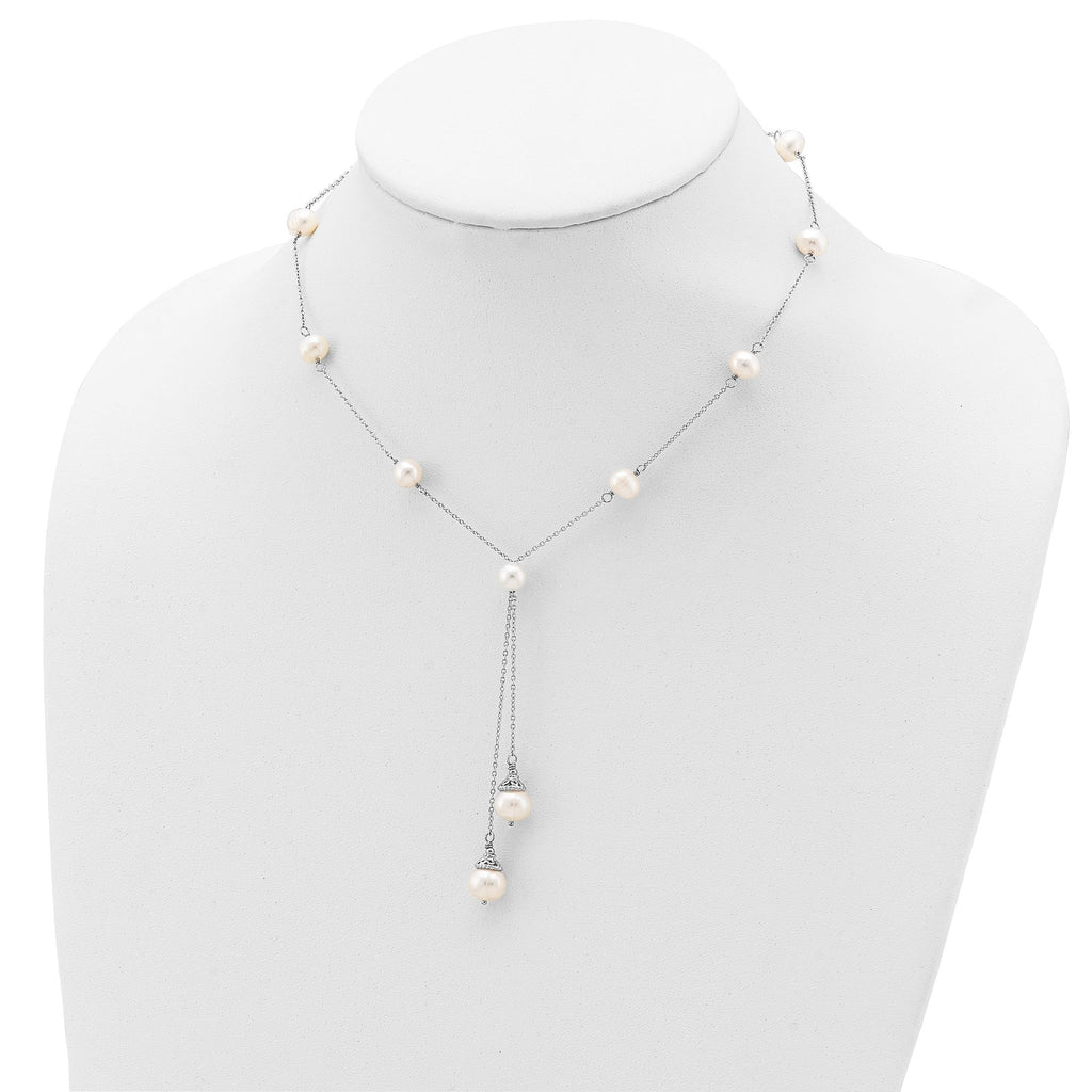 Sterling Silver Rhod-plat White FWC Pearl 9 station 2 drop 2in ext Necklace