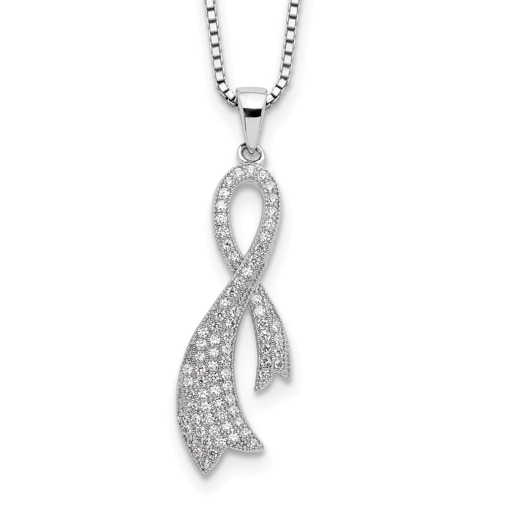 Sterling Silver 78 Stone CZ Ribbon Necklace with Rhodium Plate