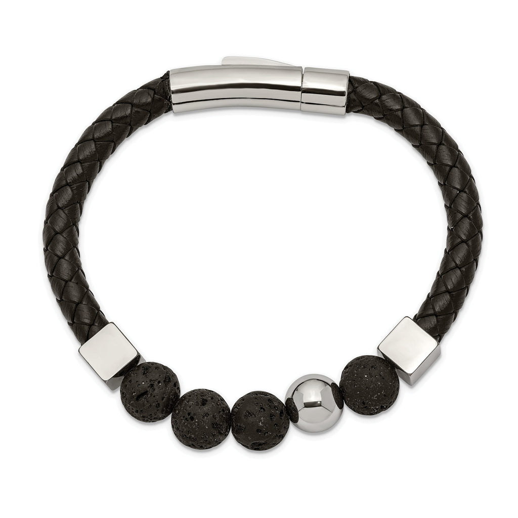Stainless Steel Polished with Lava Stone Beads Black Leather Bracelet for Men