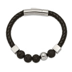 Stainless Steel Polished with Lava Stone Beads Black Leather Bracelet for Men