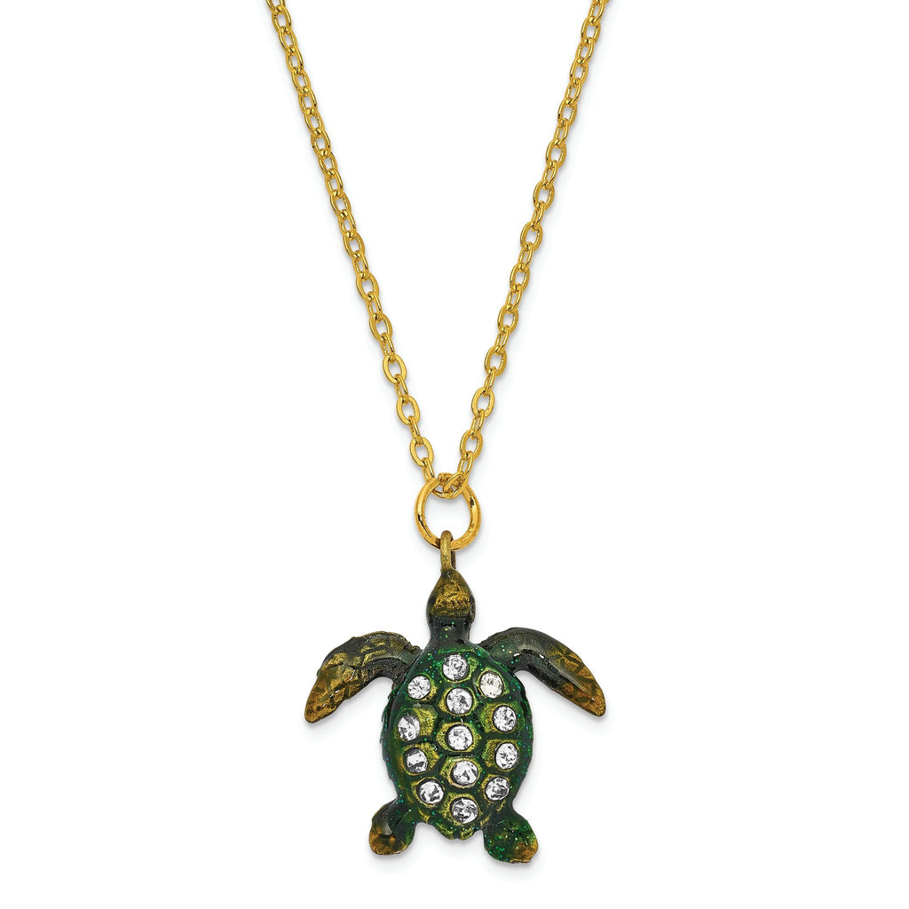 Luxury Giftware by Jere Pewter Bejeweled Crystals Gold-tone Enameled SWEETHEART Green Sea Turtle With Heart Trinket Box with Matching 18 Inch Necklace