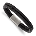 Stainless Steel Antiqued 2 Strand Black Leather Bracelet