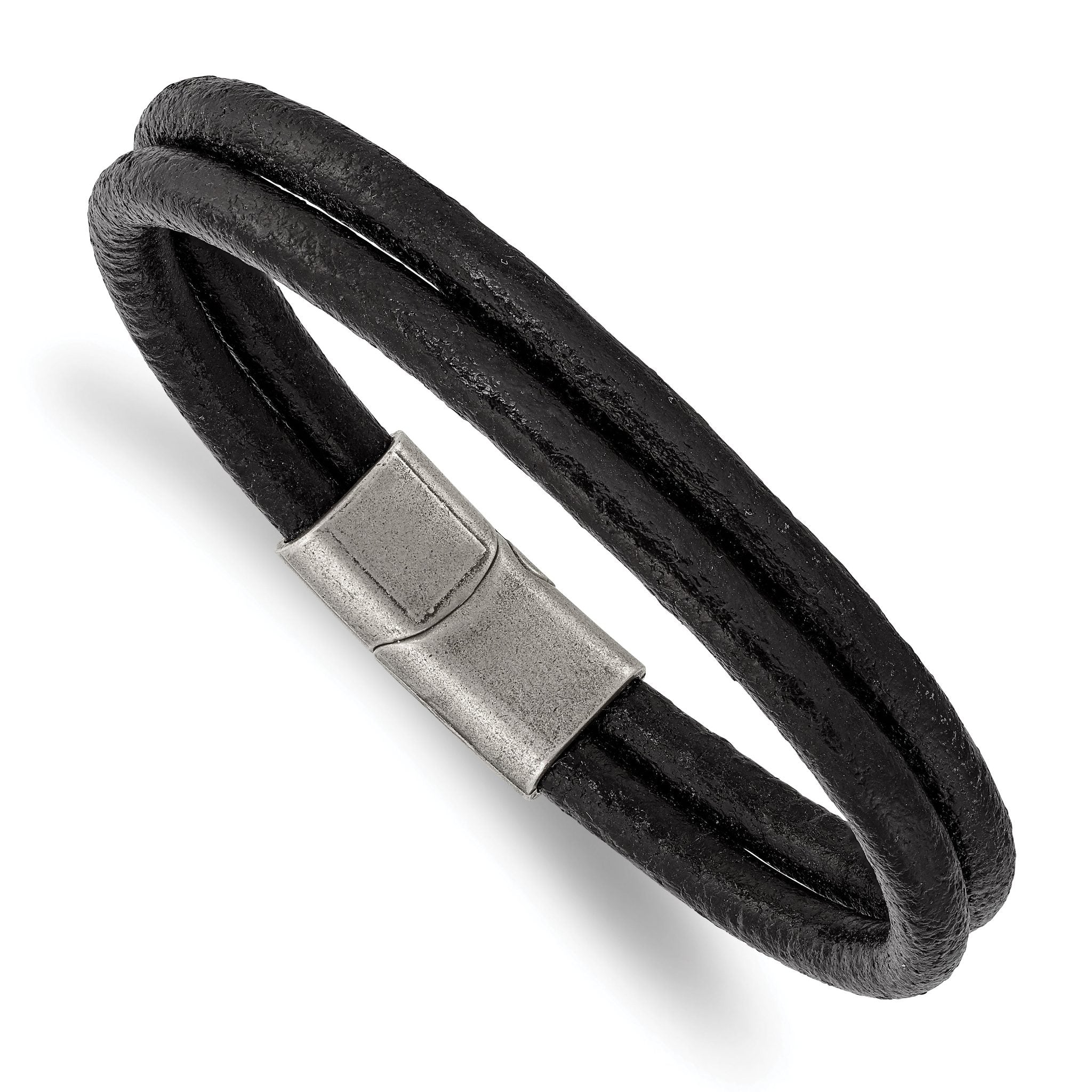 Stainless Steel Antiqued 2 Strand Black Leather Bracelet