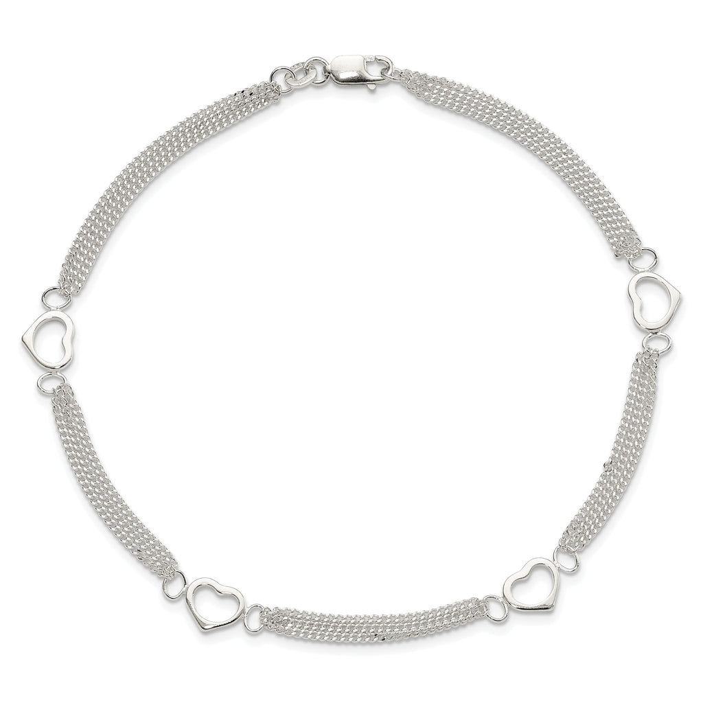 Sterling Silver Polished Heart Multi-Strand 9in Anklet