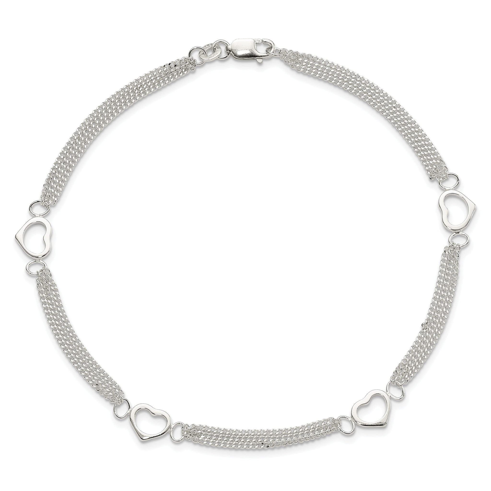 Sterling Silver Polished Heart Multi-Strand 9in Anklet
