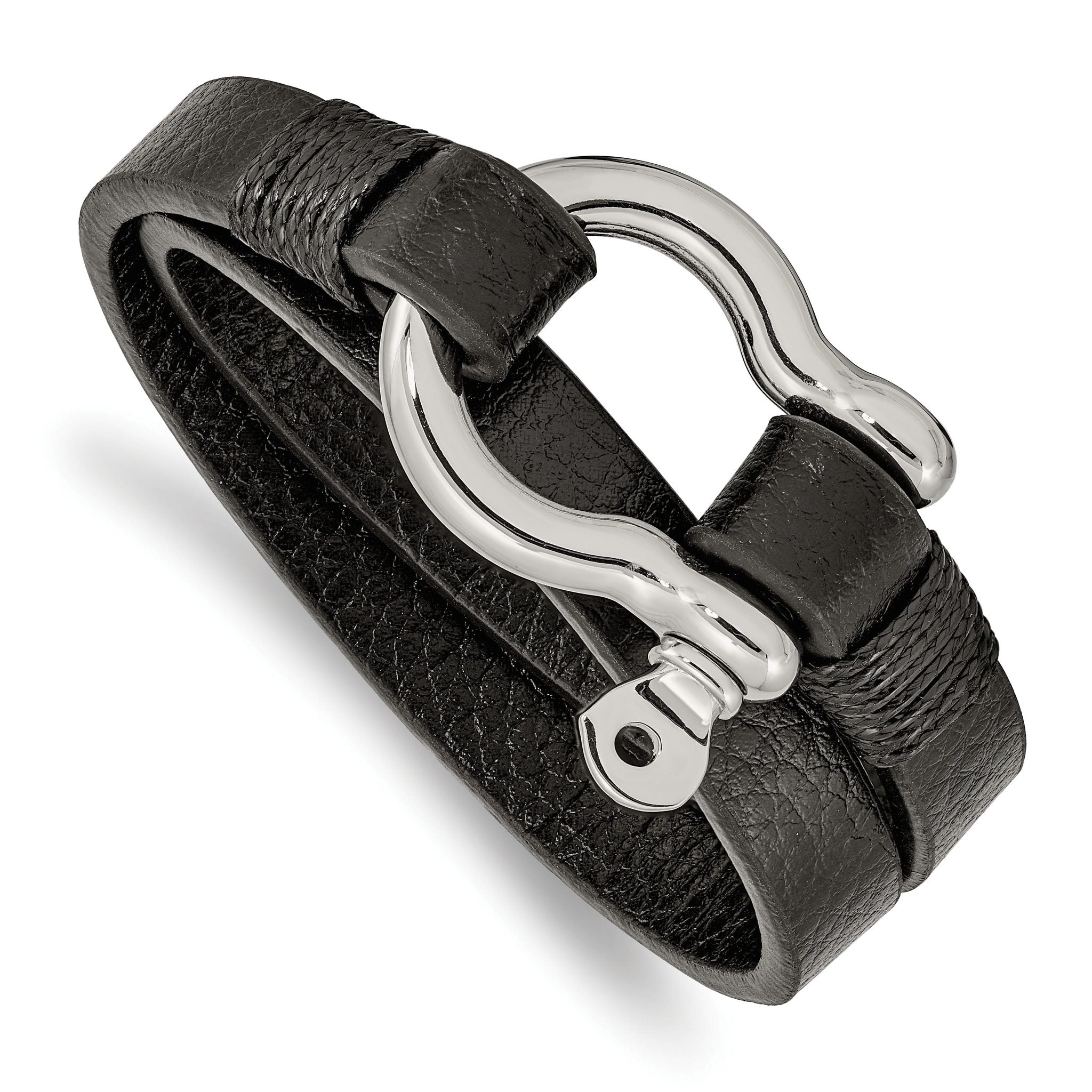 Stainless Steel Polished Shackle Textured Black Leather Wrap Bracelet for Men Main image