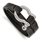 Stainless Steel Polished Shackle Textured Black Leather Wrap Bracelet for Men