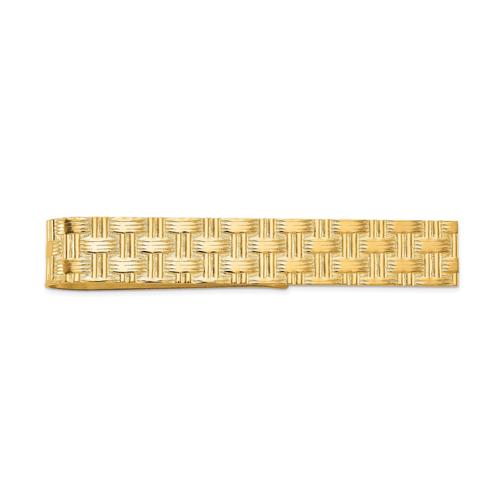 14K Gold Men's Textured Basketweave Tie Bar with Polished Finish