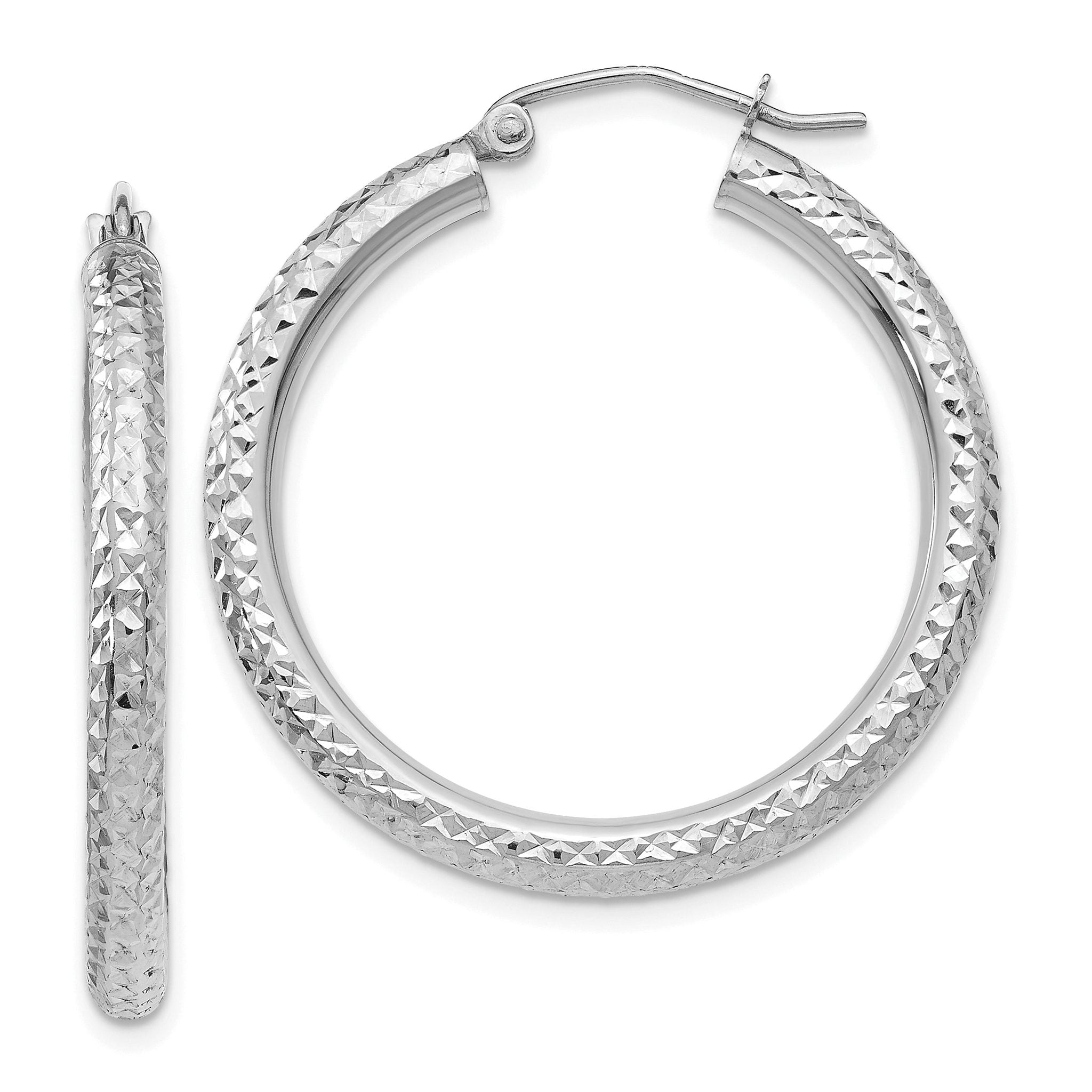 10k White Gold Diamond-cut 3mm Round Hoop Earrings Main image
