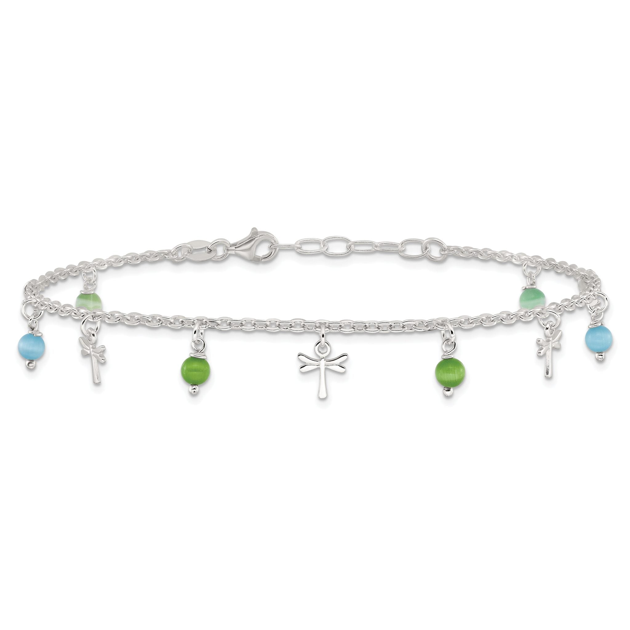 Sterling Silver Dragonfly with Aqua and Green Beads 10 inch Plus 1 inch Extender - Total 11 inch Anklet Secondary image