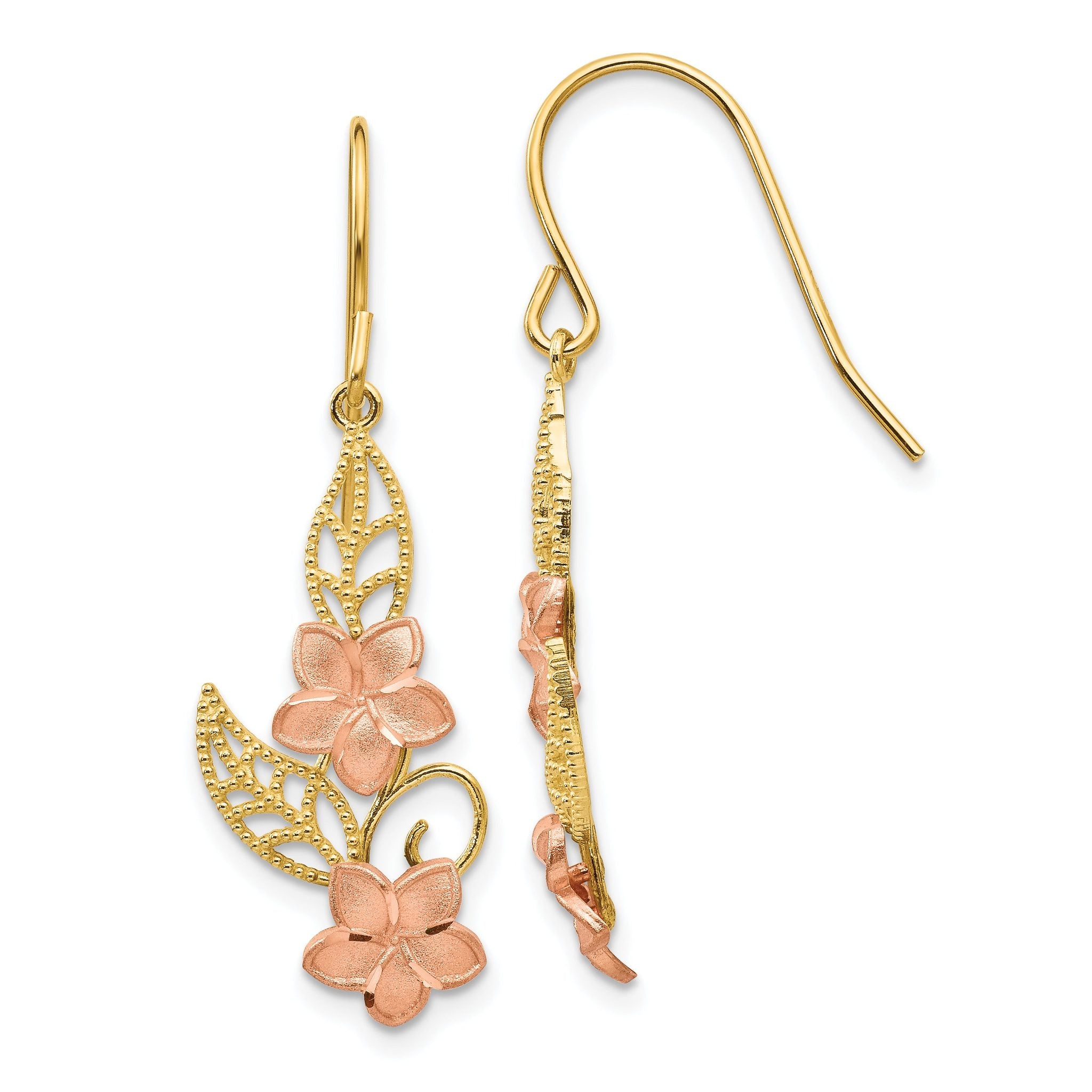 14K Two-tone Fancy Plumeria Dangle Earrings Main image