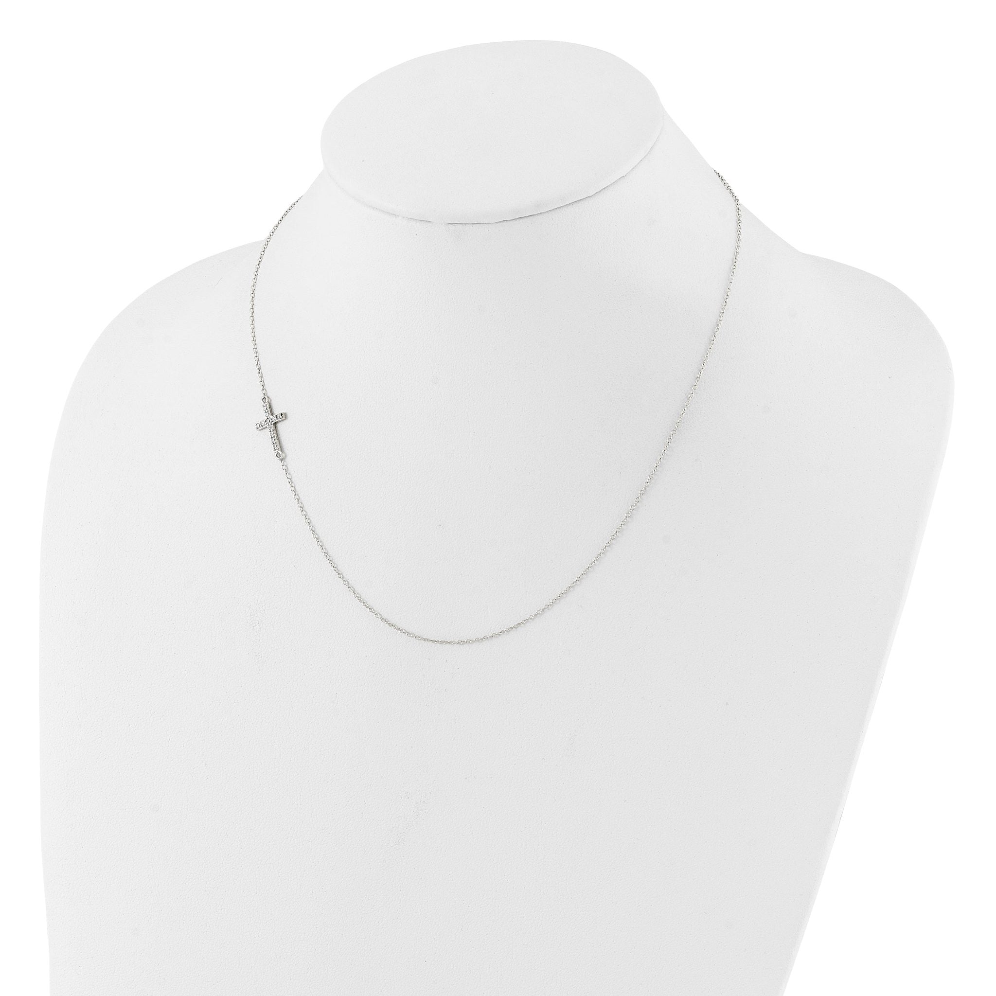 Sterling Silver Rhod-pltd CZ Offset Sideways Cross With 2in Ext Necklace