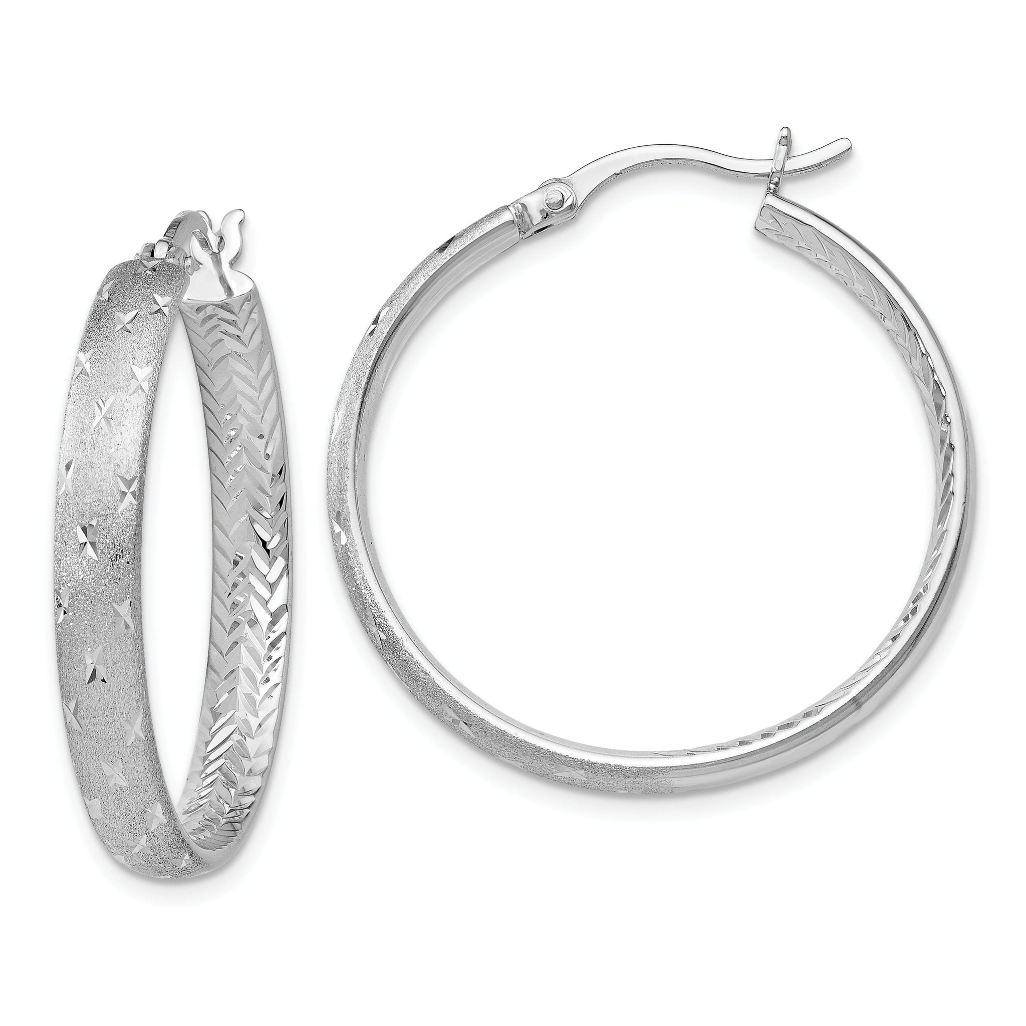 Sterling Silver 925 Rhodium Plated Diamond-Cut Hoop Earrings for Women