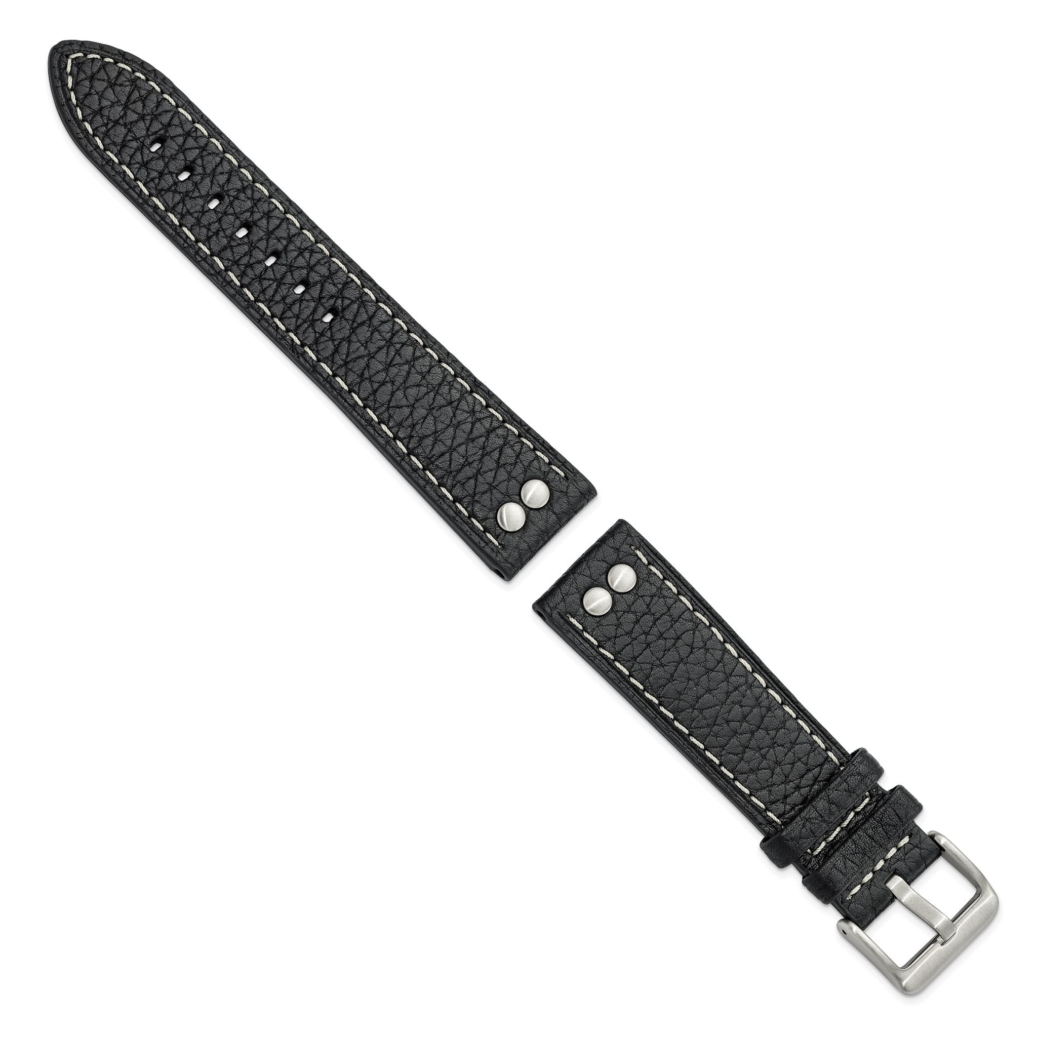22mm Black Flat Stitched Calfskin Leather with Studs and Stainless Steel Buckle 8 inch Watch Band