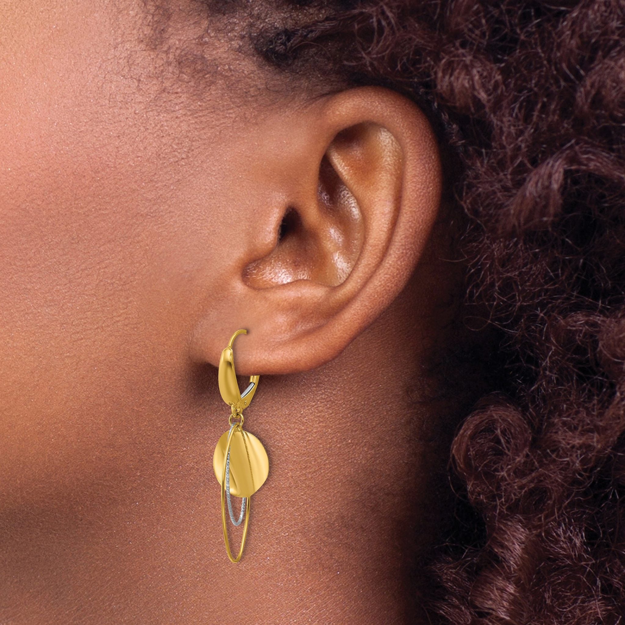 14K Two-tone Polished / Dia-cut Dangle Leverback Earrings