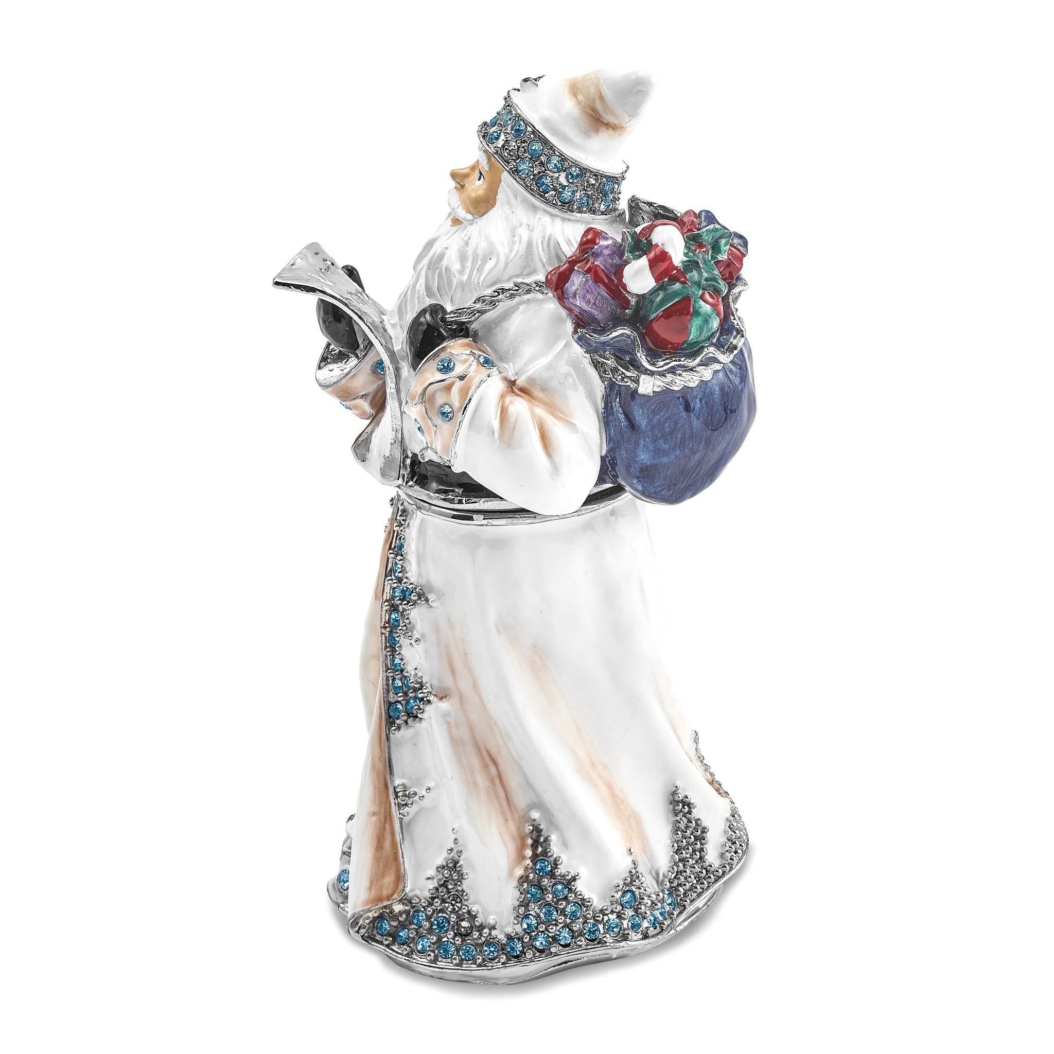 Luxury Giftware by Jere Bejeweled Crystals Siver-tone Enameled ST. NICHOLAS SINTERKLAAS White Santa Trinket Box with Matching 18 Inch Necklace