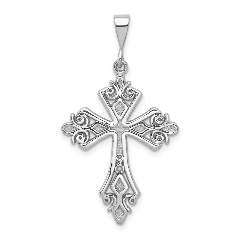 14K White Gold Fleur De Lis Cross Pendant with Rhodium Plating Elegant Themed Design