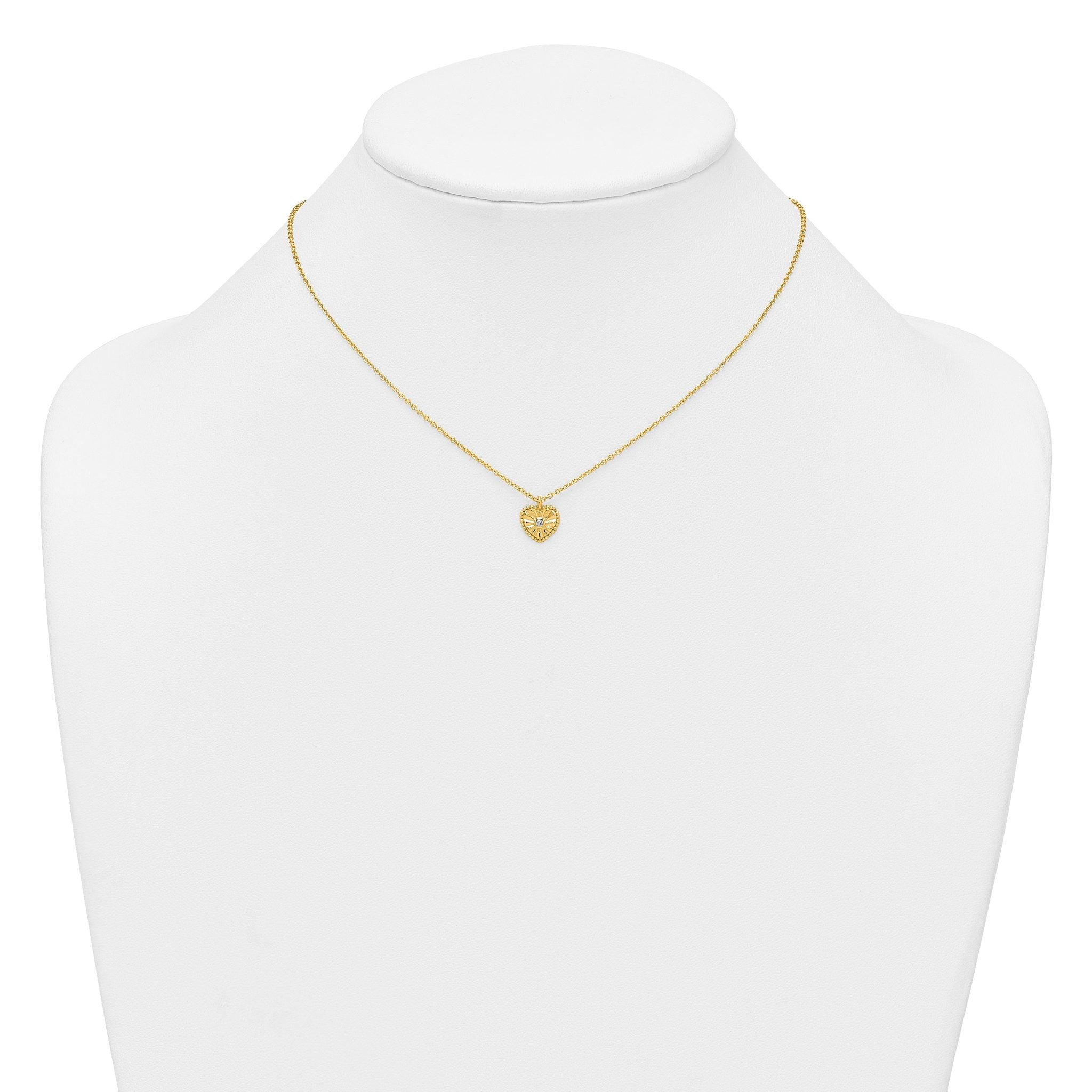 Sterling Silver Gold-tone Polished Beaded and Textured CZ Heart 16 Inch with 2 Inch Extension Necklace