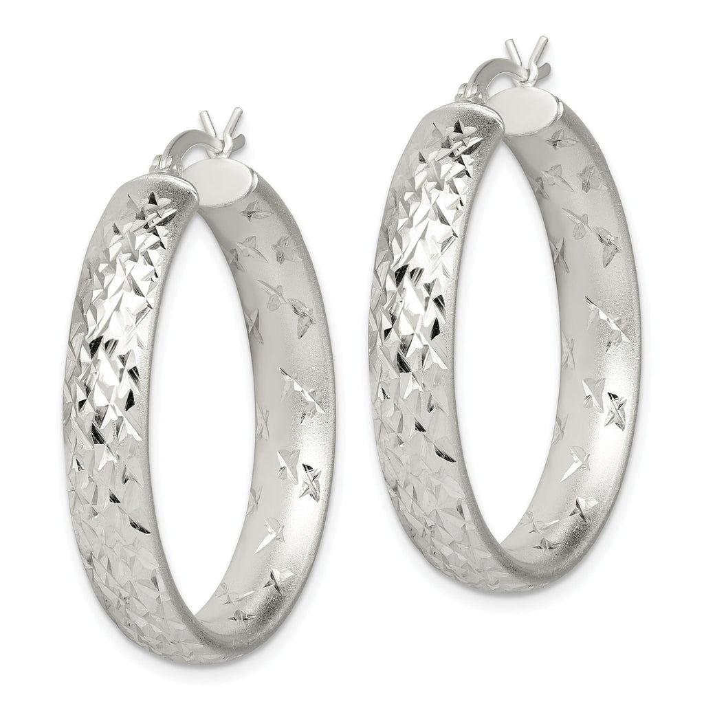 Sterling Silver 5mm Diamond-Cut Hoop Earrings with Brushed Satin Finish