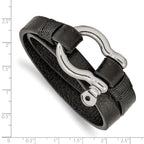 Stainless Steel Polished Shackle Textured Black Leather Wrap Bracelet for Men