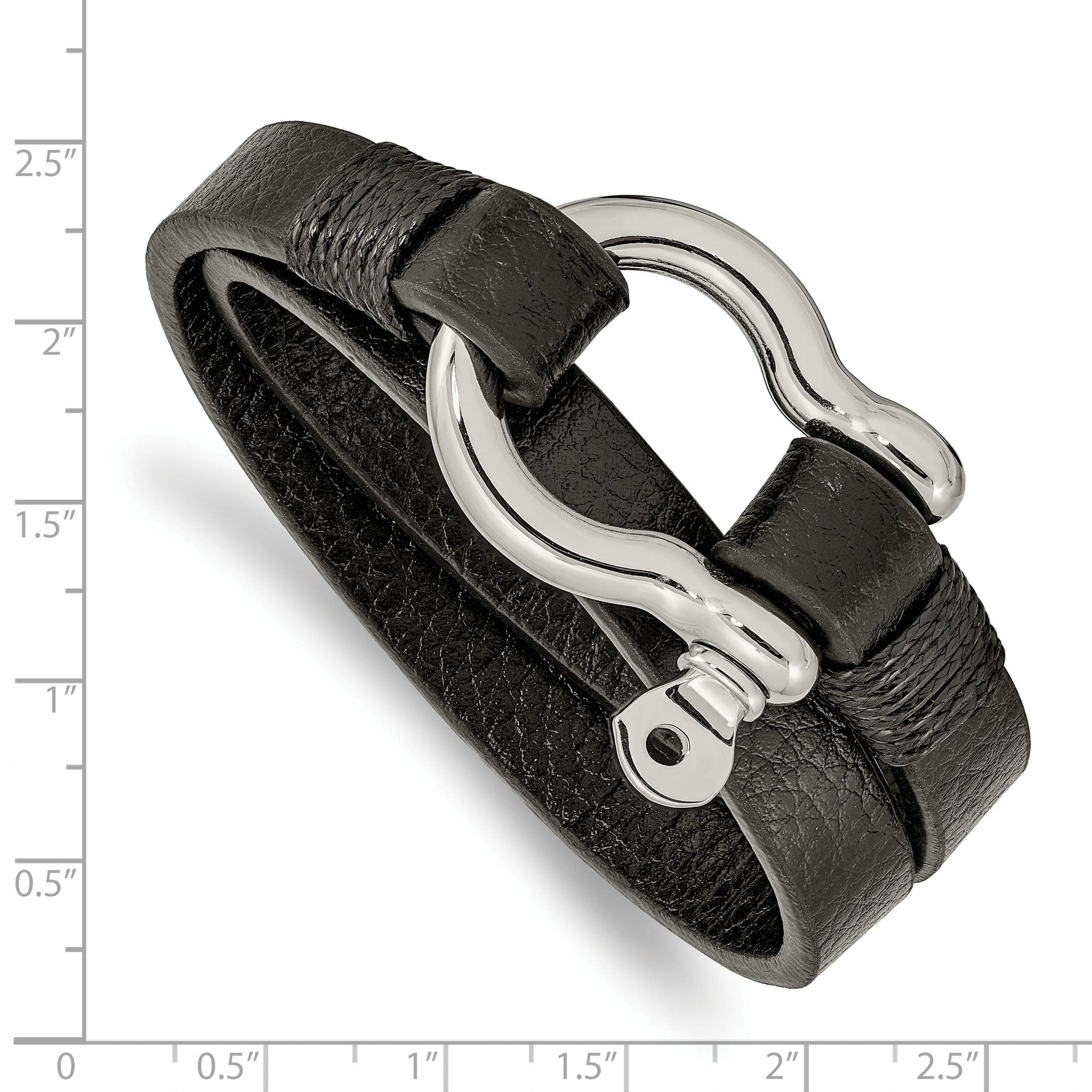Stainless Steel Polished Shackle Textured Black Leather Wrap Bracelet for Men