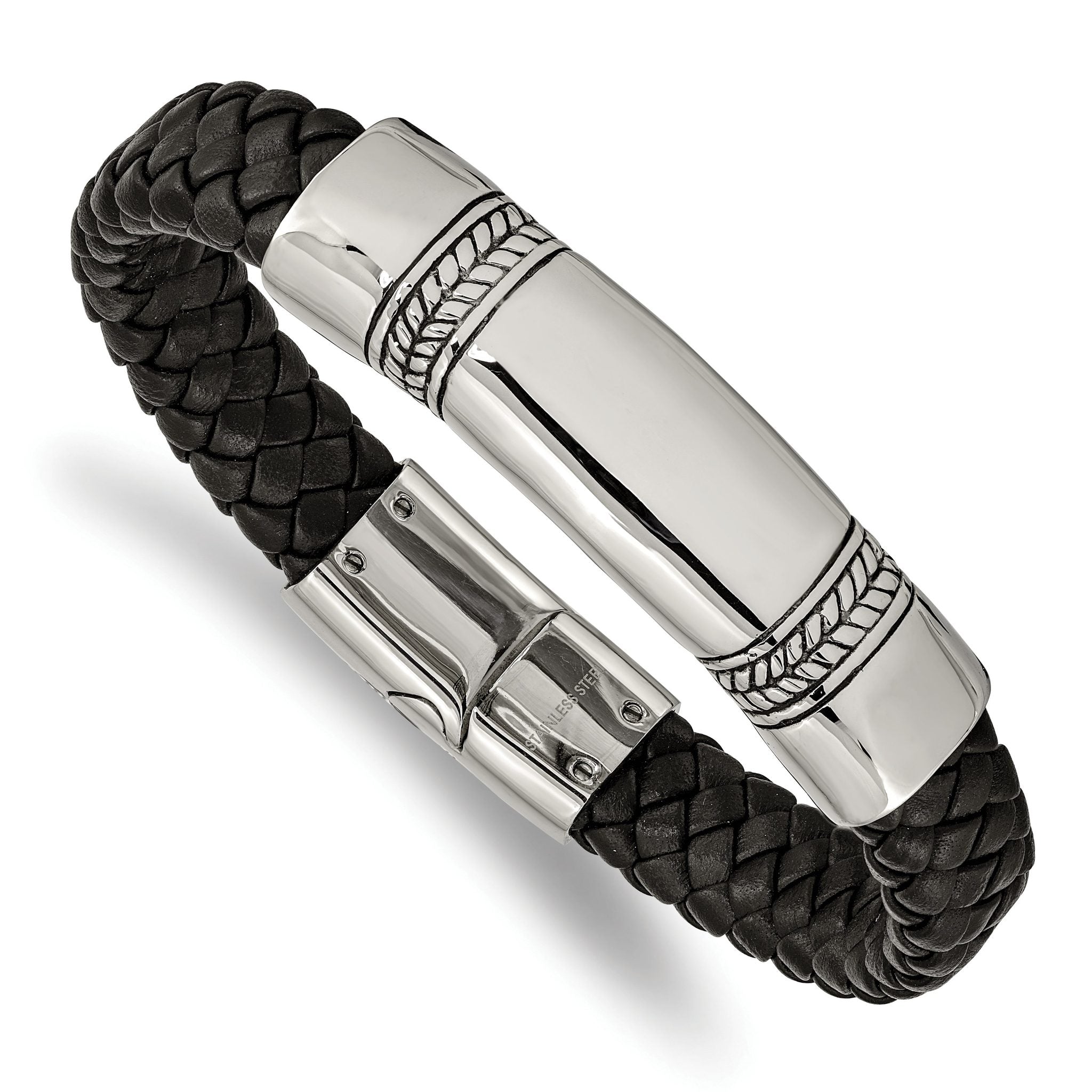 Stainless Steel Antiqued and Polished Braided Black Leather ID Bracelet for Men Main image