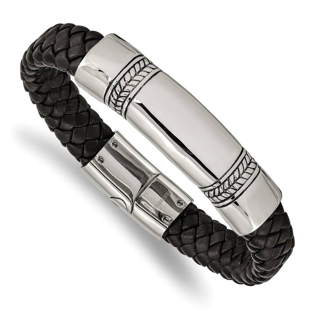 Stainless Steel Antiqued and Polished Braided Black Leather ID Bracelet for Men