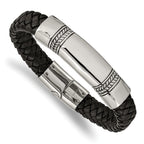 Stainless Steel Antiqued and Polished Braided Black Leather ID Bracelet for Men