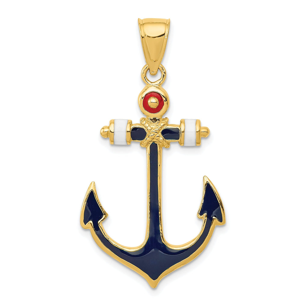14K Gold Enameled Anchor Pendant with Red, White, Blue Accents