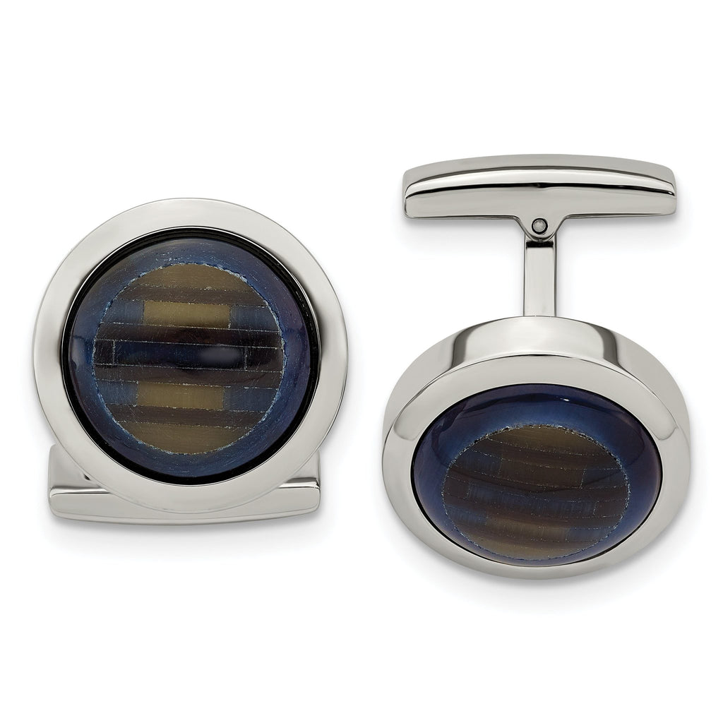 Stainless Steel Blue & Brown Cat's Eye Circle Cuff Links
