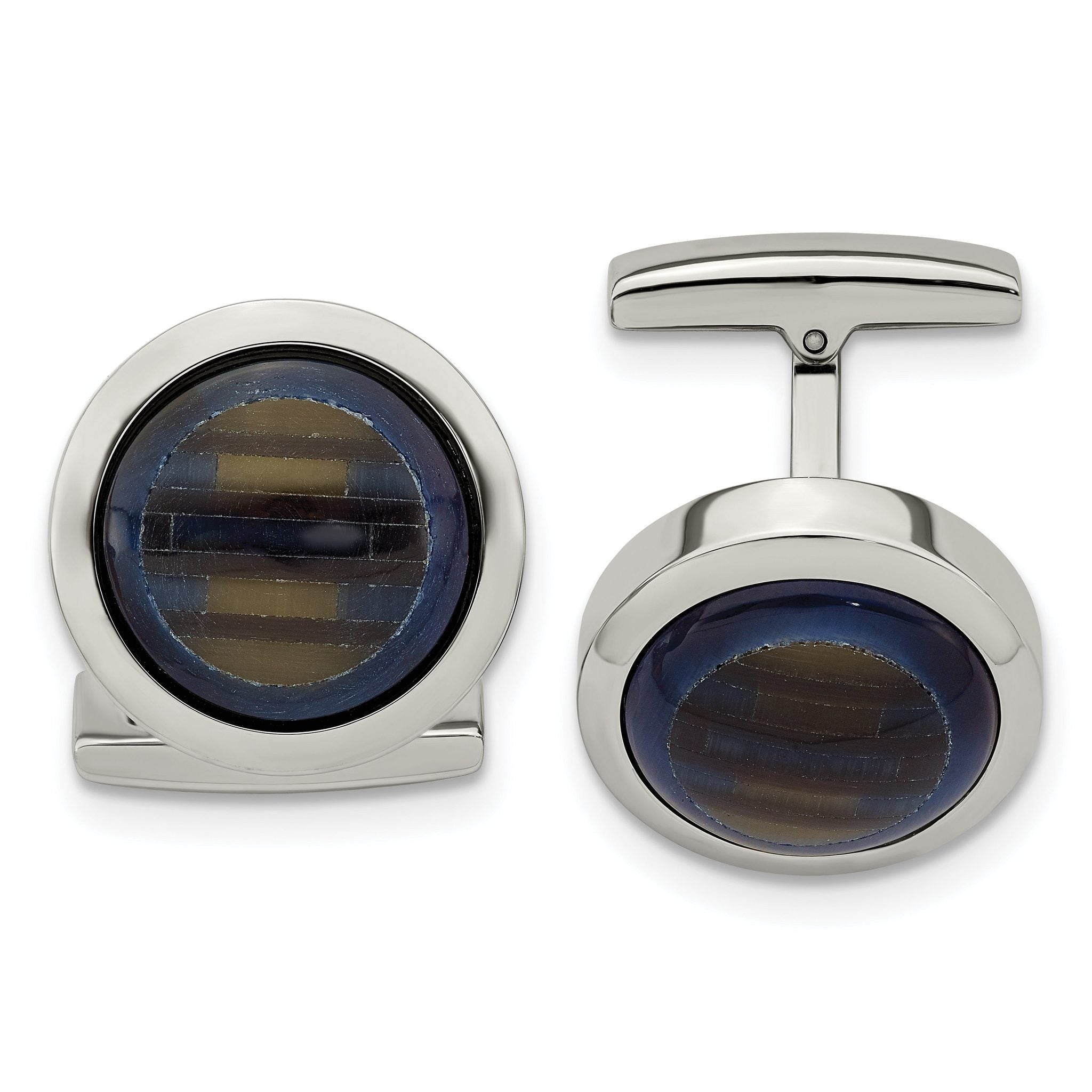 Stainless Steel Blue & Brown Cat's Eye Circle Cuff Links