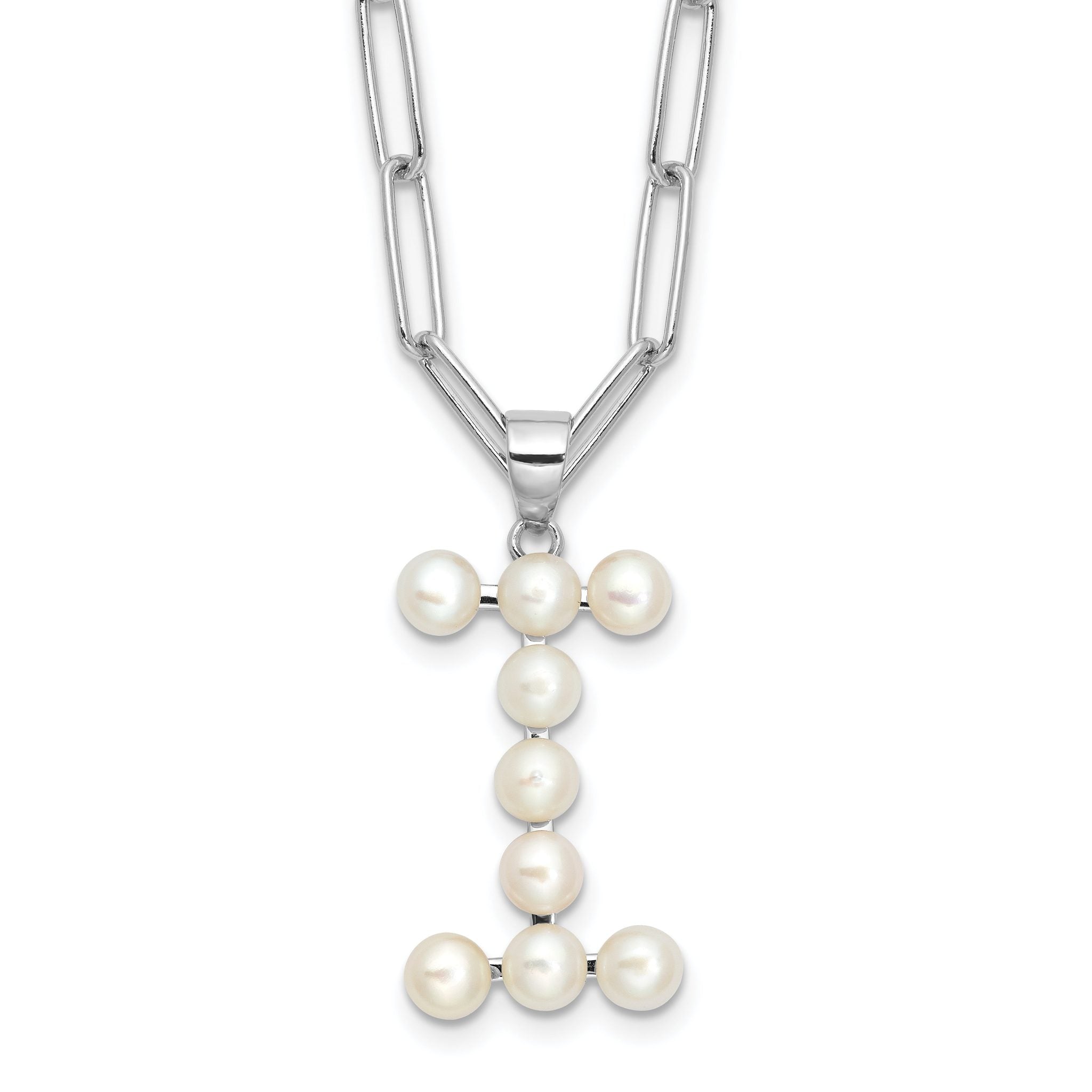 Sterling Silver Rhodium-Rhodium-Plated 3-5.5mm White Button Freshwater Cultured Pearl LETTER I 18 inch Necklace