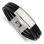 Stainless Steel Polished Black Leather ID Bracelet for Men