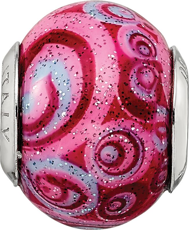 Sterling Silver Glass Bead with Pink & Purple Swirls Overlay Elegant Antiqued Finish