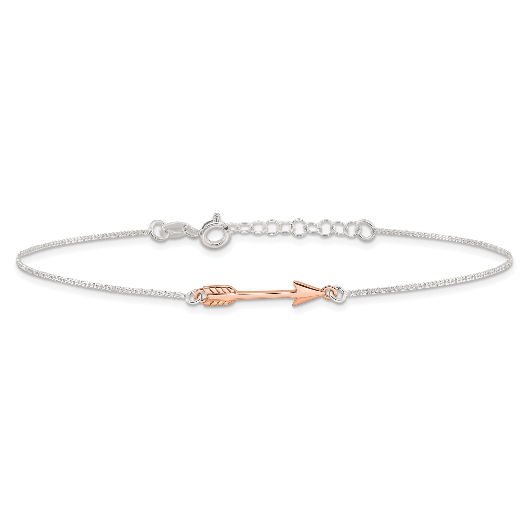 Sterling Silver with Rose-tone Arrow 9 inch Plus 1 inch Extender - Total 10 inch Anklet