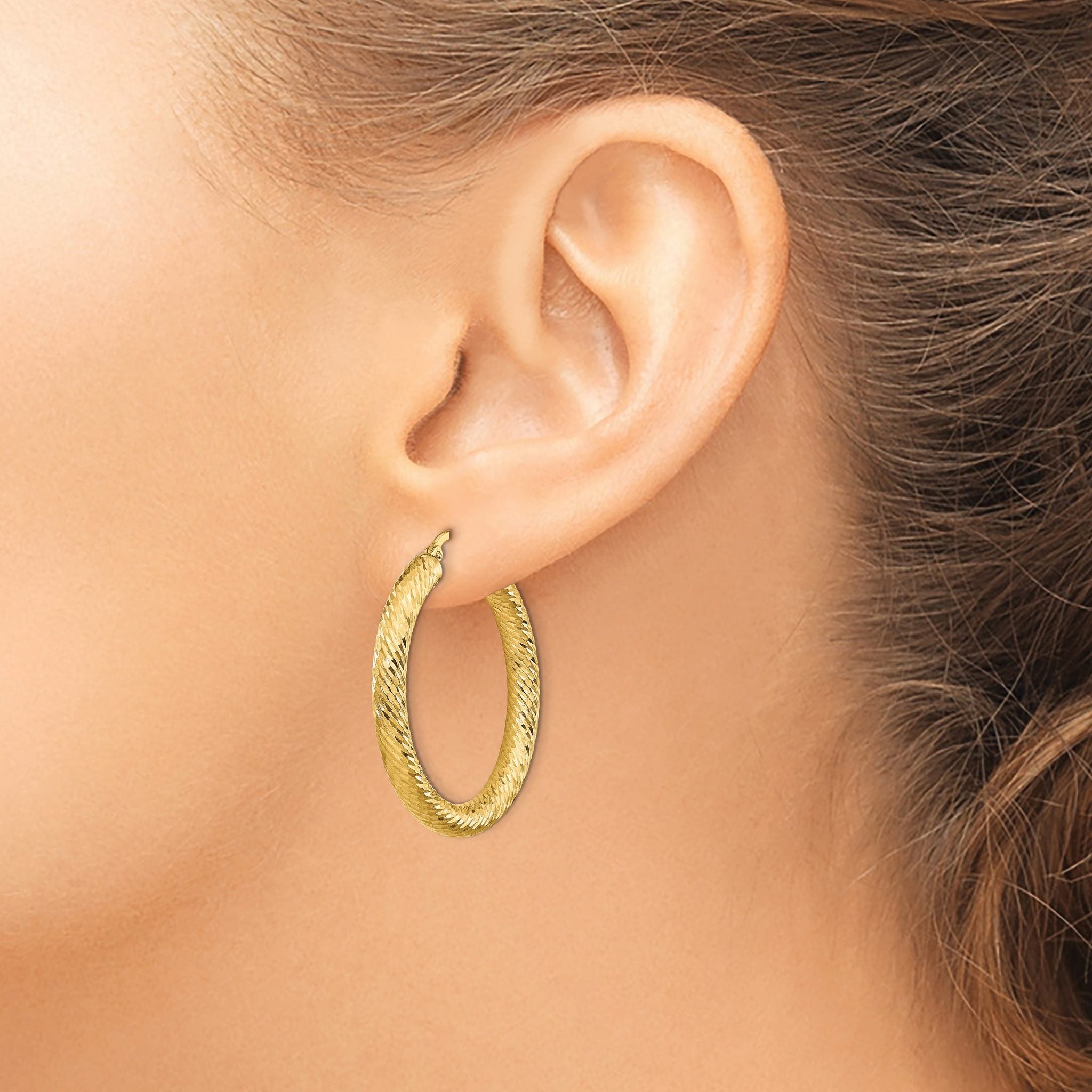 14k 4x25mm Diamond-cut Round Hoop Earrings