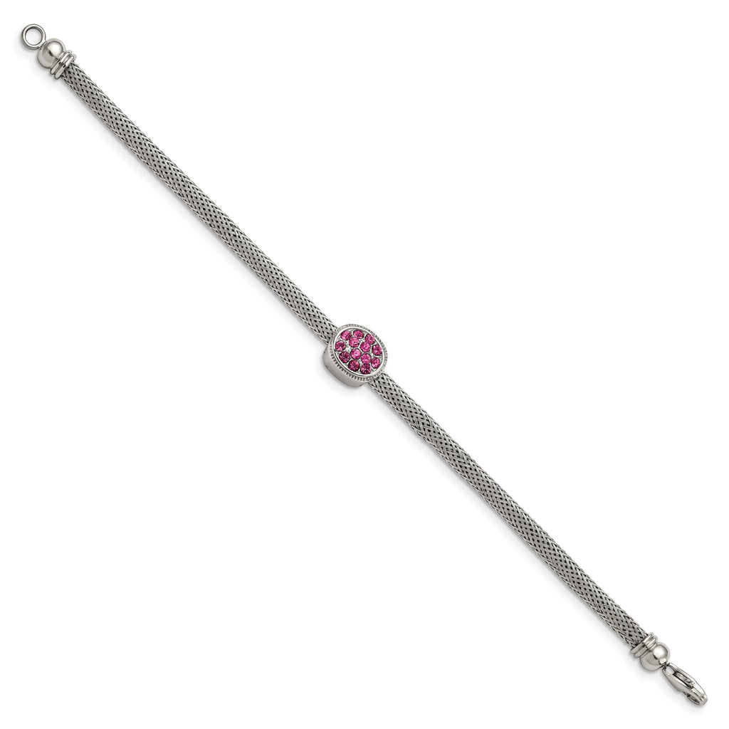 Stainless Steel Polished and Textured Pink Crystal Bracelet for Women