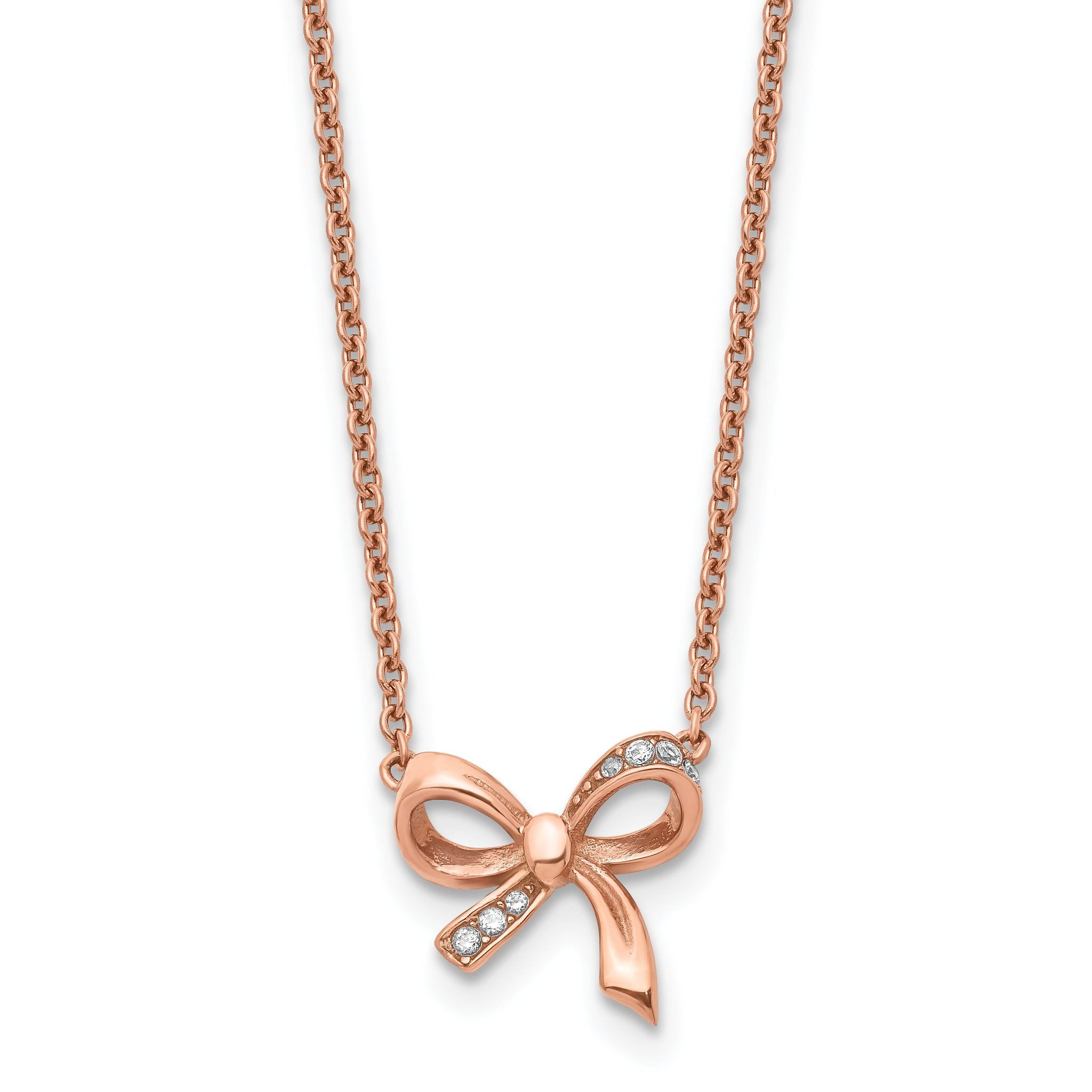 Stainless Steel Polished Rose IP-plated w/CZ Bow w/1.75in ext Necklace Main image
