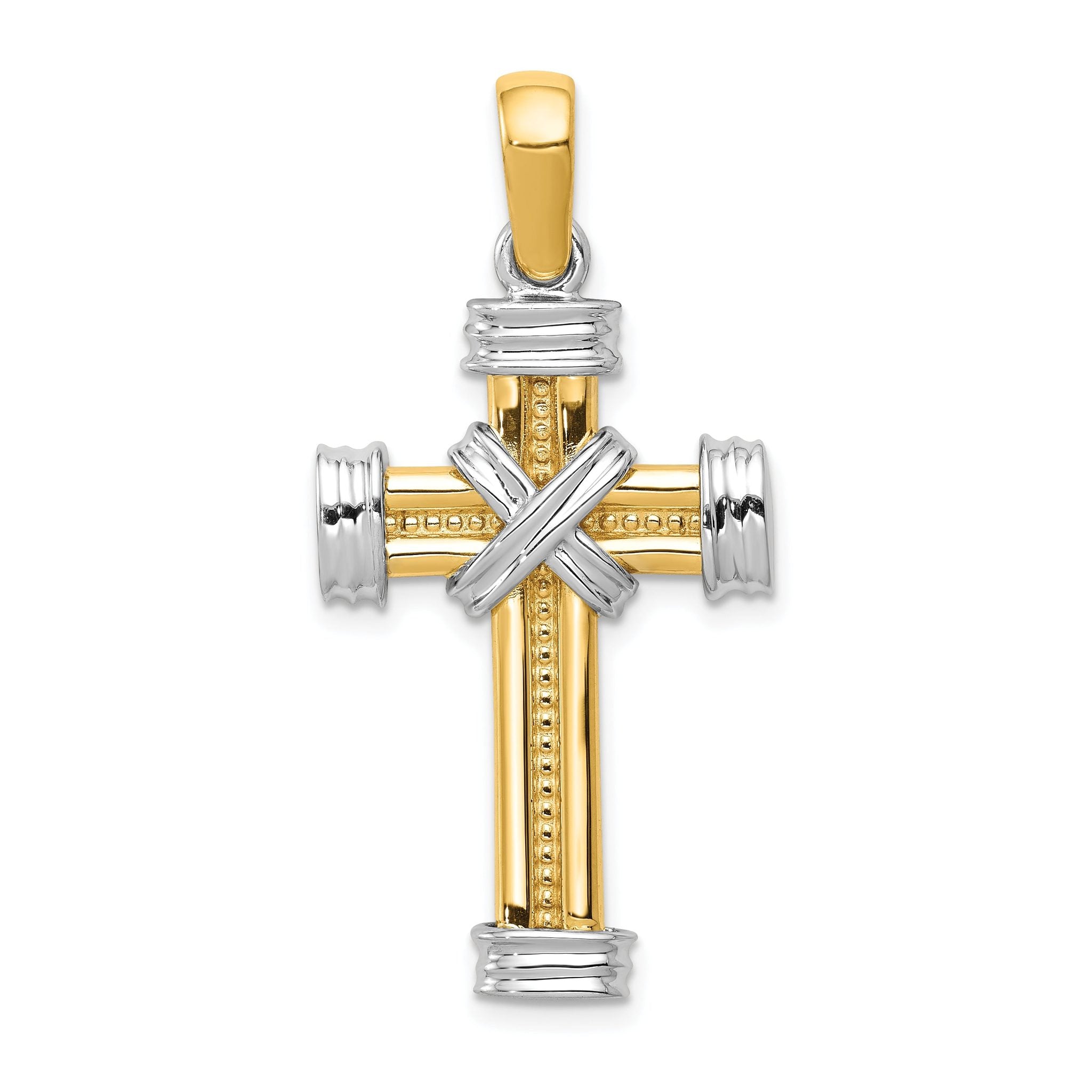 14K Two-Tone Gold Latin Cross Pendant with Polished Beaded Texture Main image